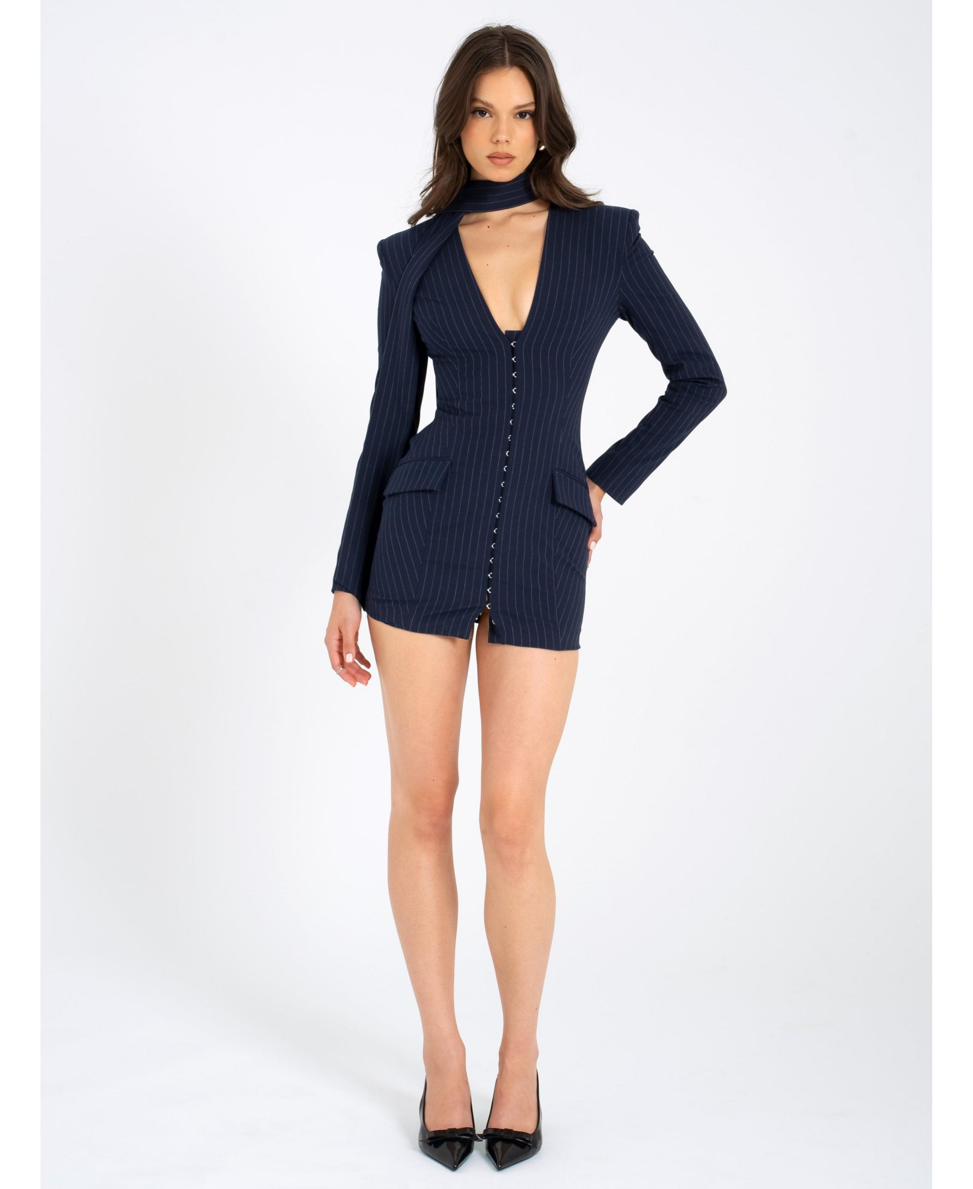 Tahlia Deep V Pinstripes Scarf Collar Blazer Dress — Image 9