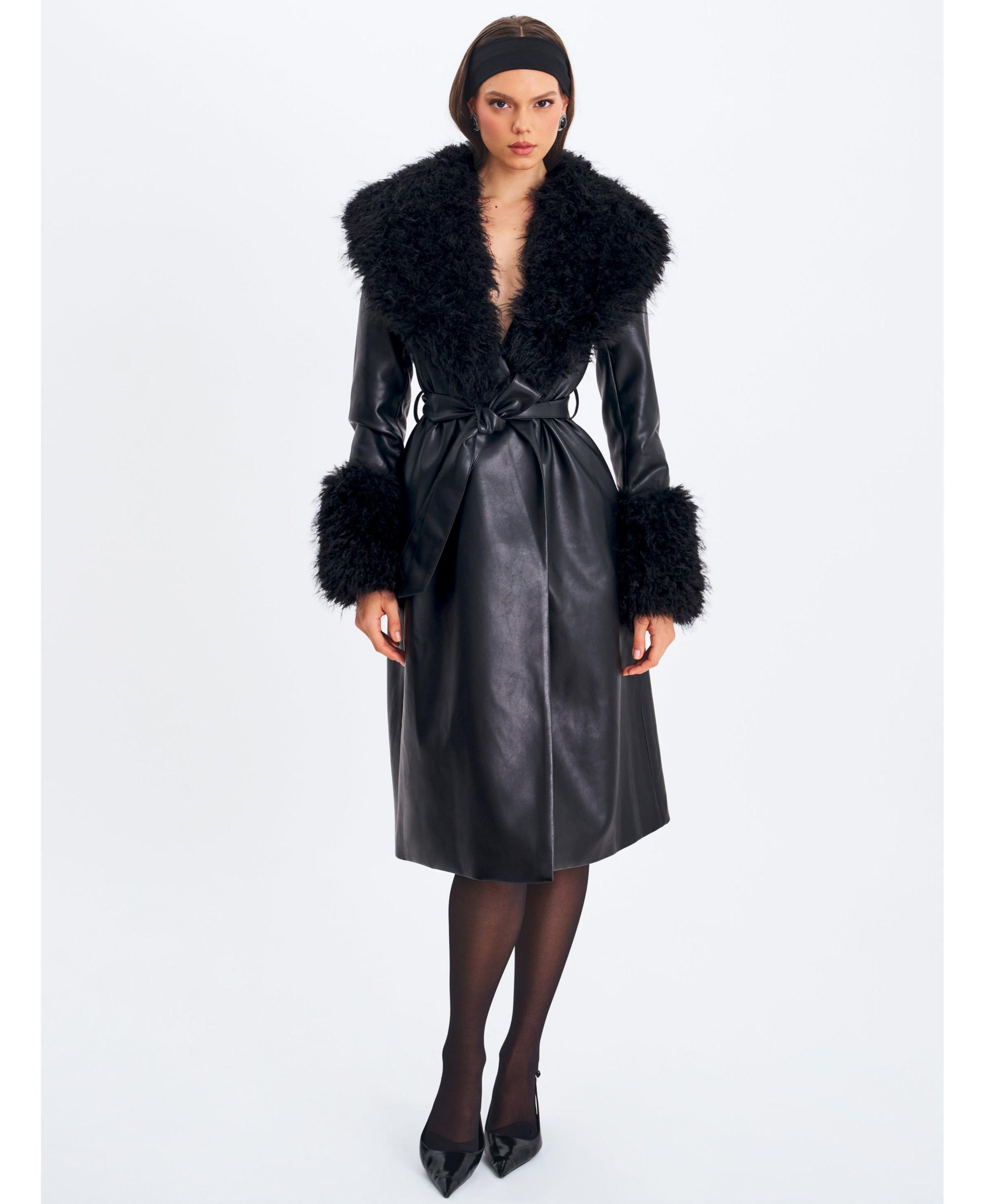 Zariah Faux Fur Trimmed Longline Faux Leather Coat — Image 4
