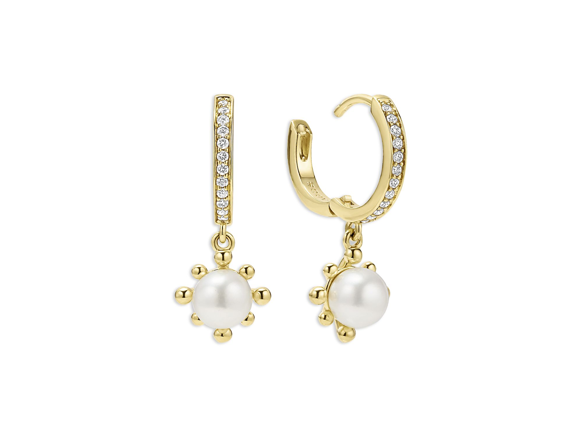 18K Yellow Gold Luna Cultured Pearl Fleur Charm Diamond Hoop Earrings — Image 3