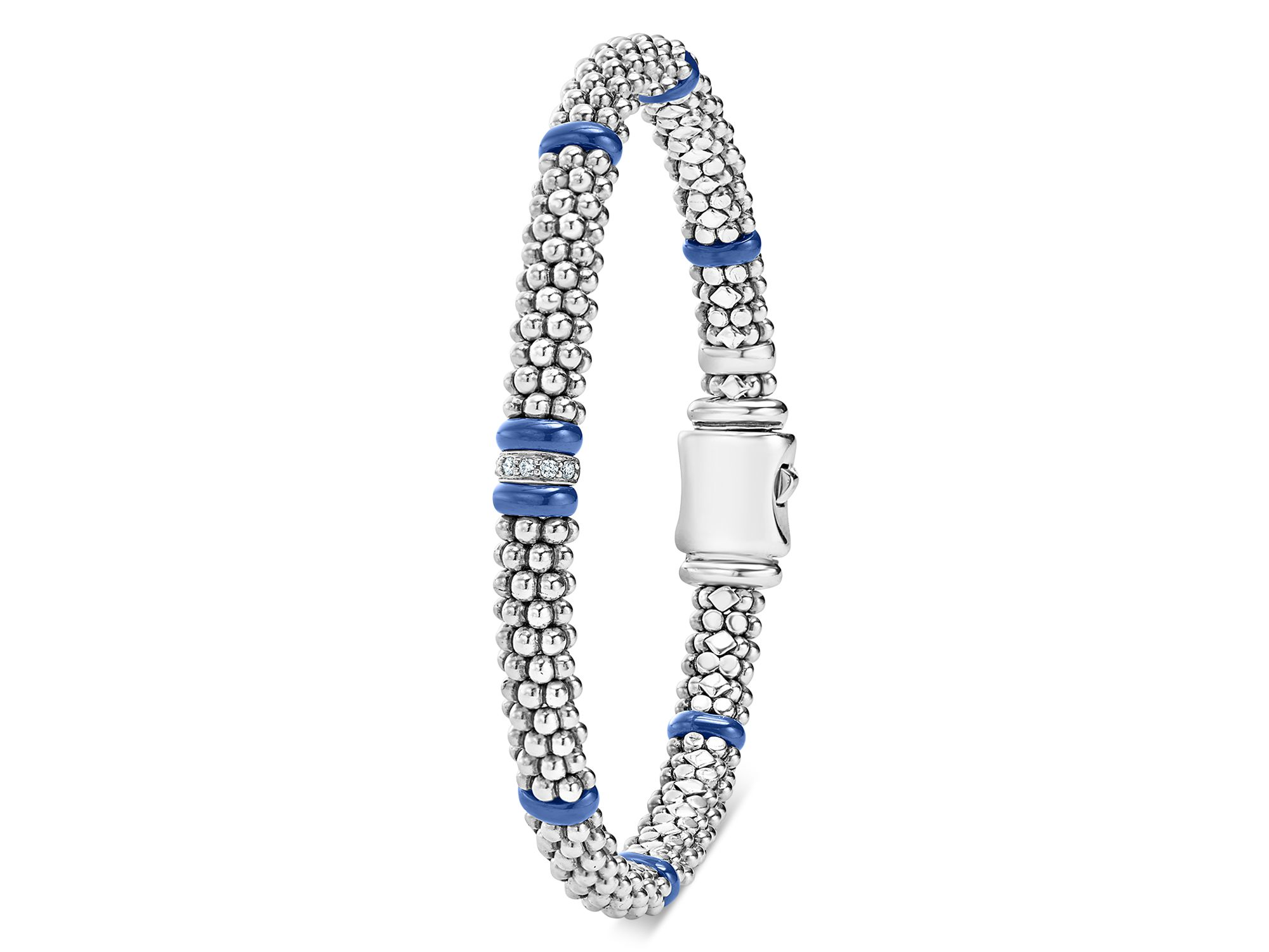 Single Station Diamond Blue Caviar Bracelet in Sterling Silver — Image 3
