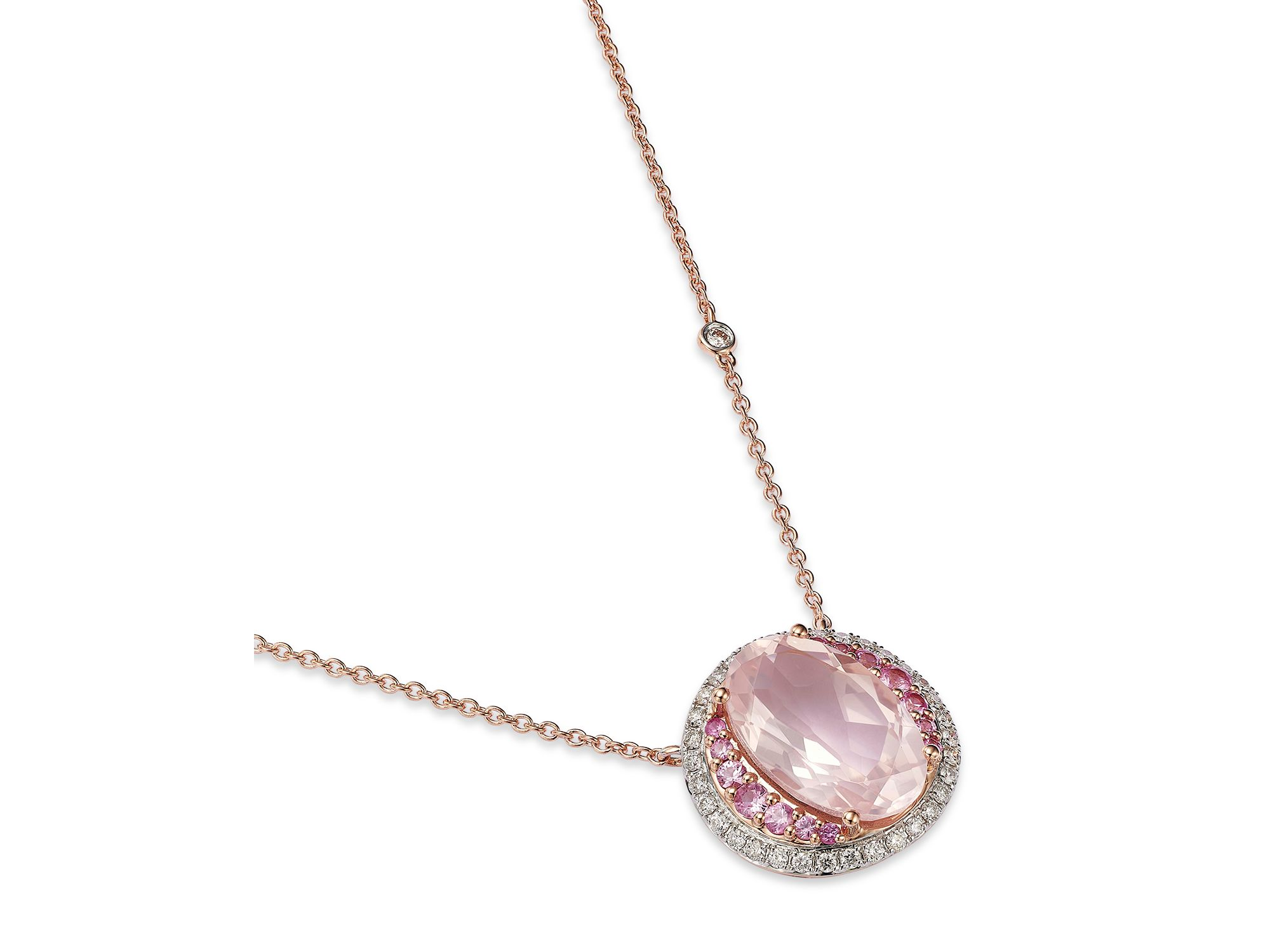 Rose Quartz, Pink Sapphire & Diamond Pendant Necklace in 14K Rose Gold, 18" — Image 3