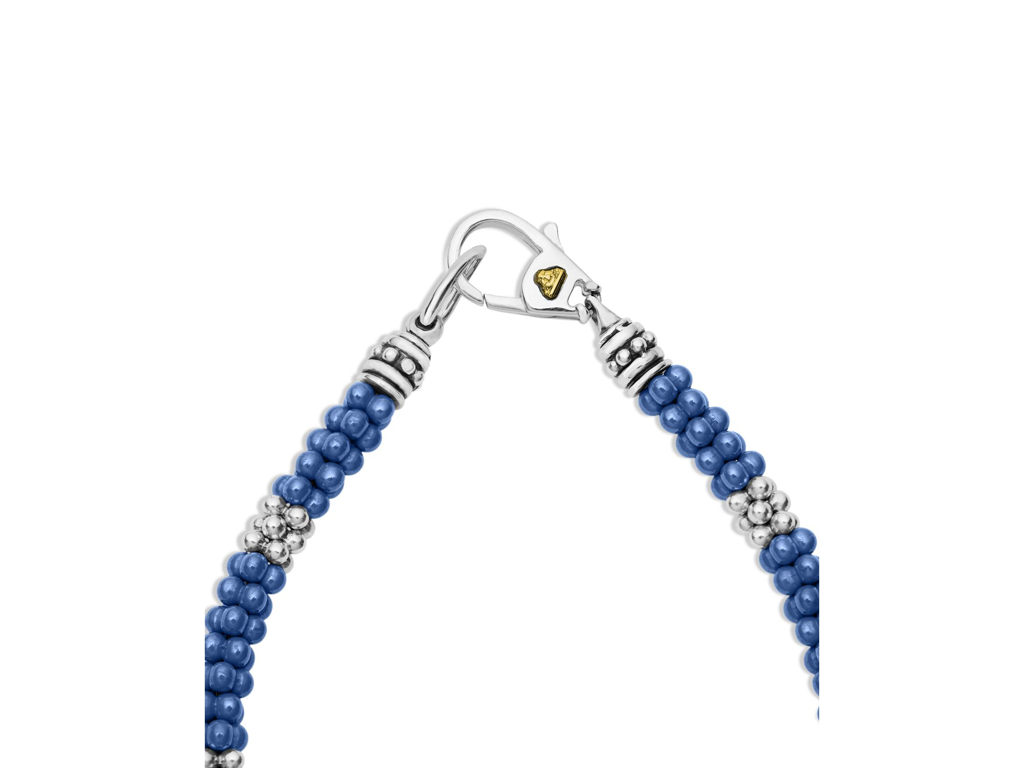 18K Yellow Gold & Sterling Silver Blue Ceramic Caviar Bead Statement Bracelet — Image 4