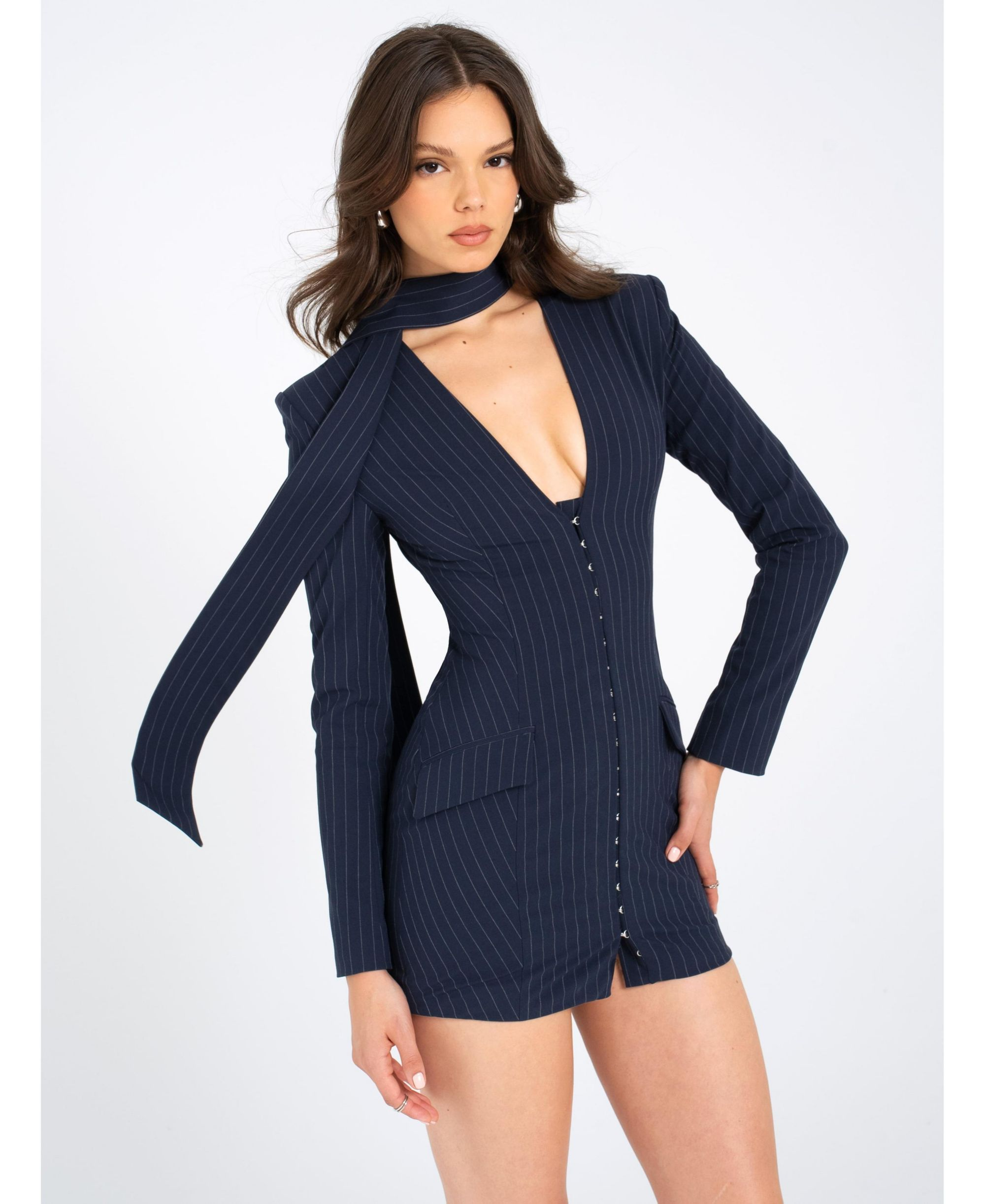 Tahlia Deep V Pinstripes Scarf Collar Blazer Dress — Image 3