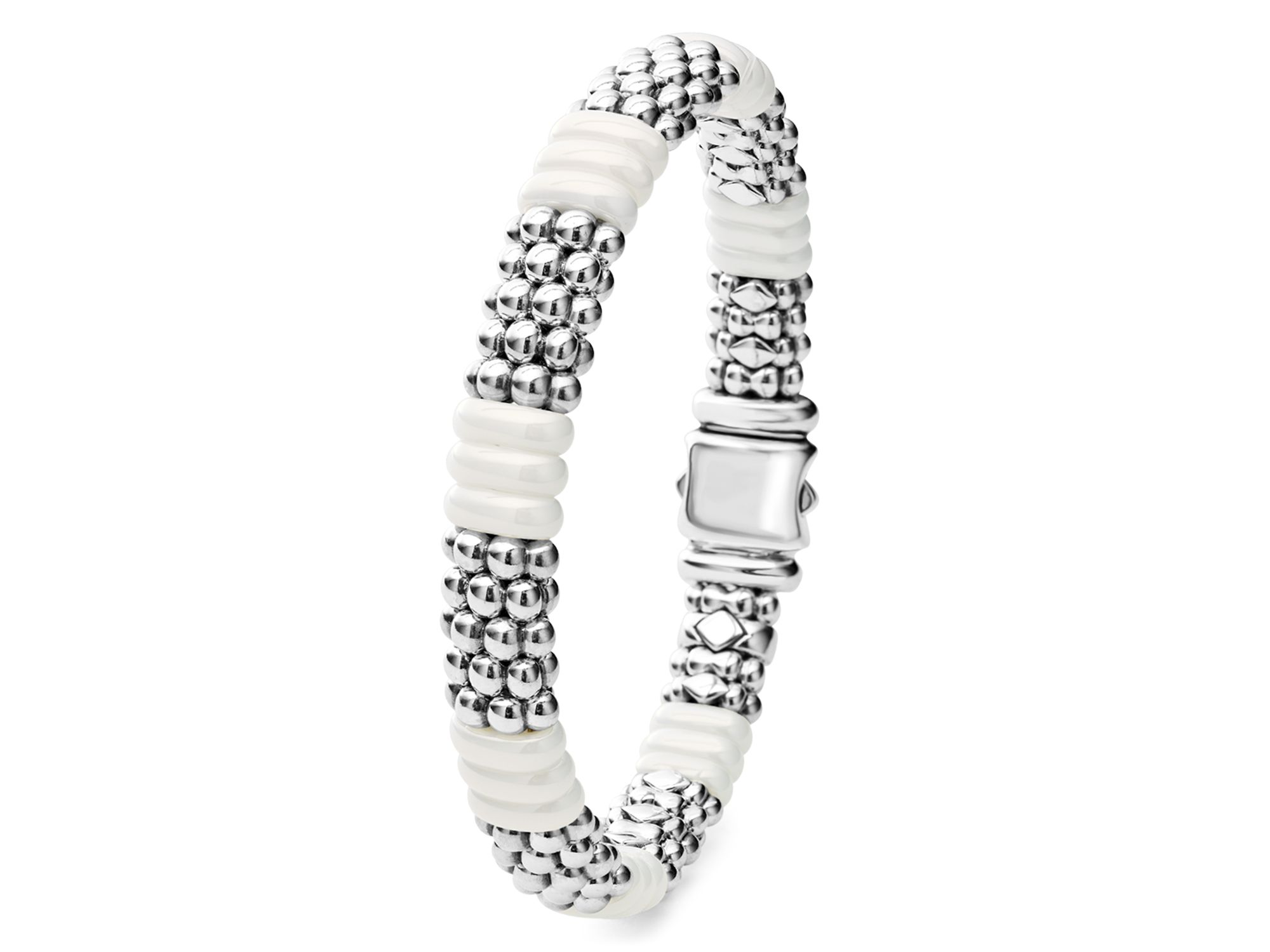 18K Yellow Gold & Sterling Silver White Ceramic Rondelle & Caviar Bead Statement Bracelets — Image 3