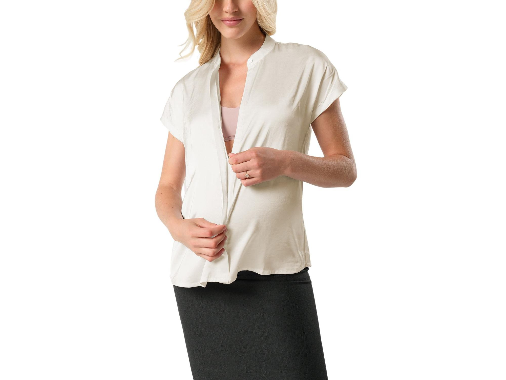 Women's Short Sleeve Satin Maternity Shell Top with Concealed Nursing Zip — Image 3