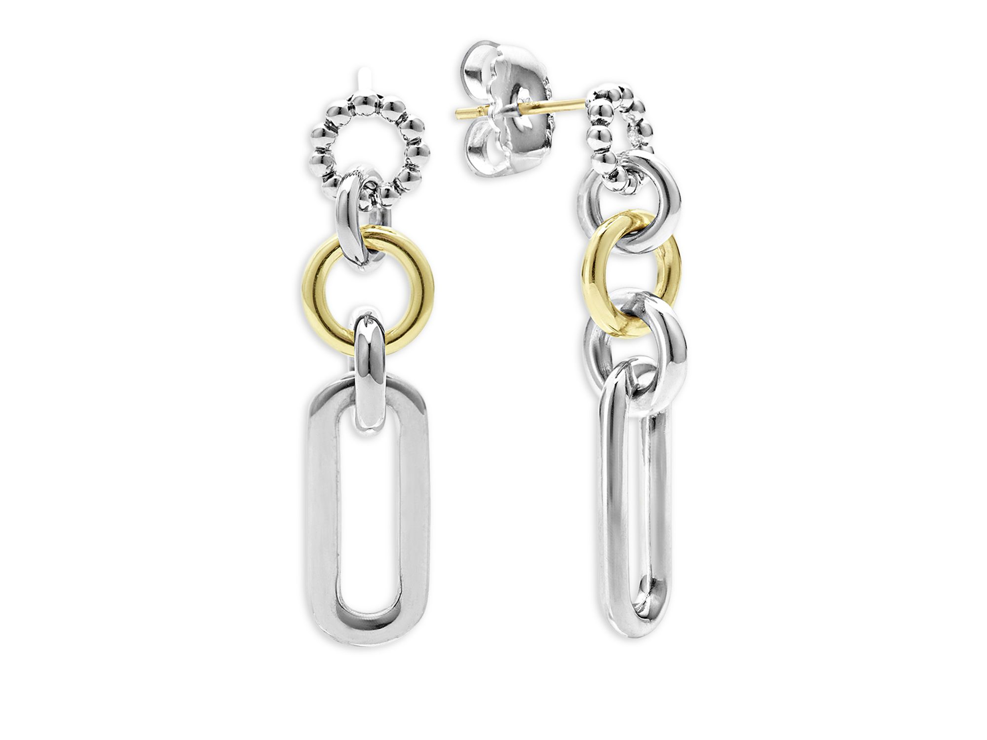 18K Yellow & Sterling Silver Signature Caviar Link Drop Earrings — Image 3