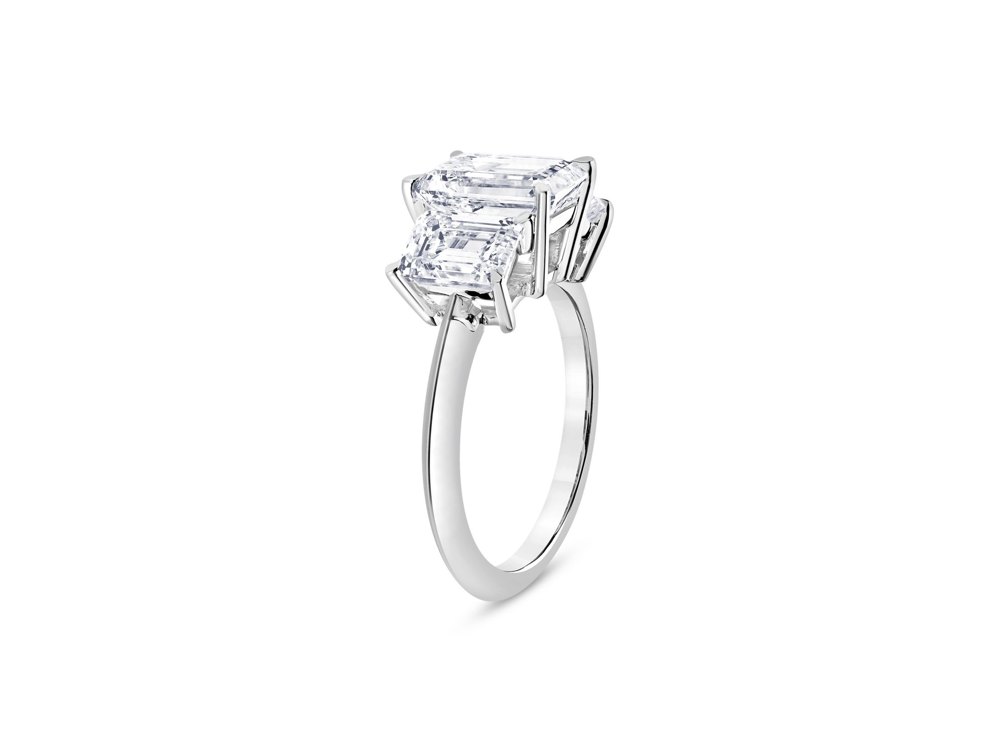 Certified Lab Grown Diamond Emerald Cut Three Stone Engagement Ring in 18K White Gold, 4.40 tcw — Image 4