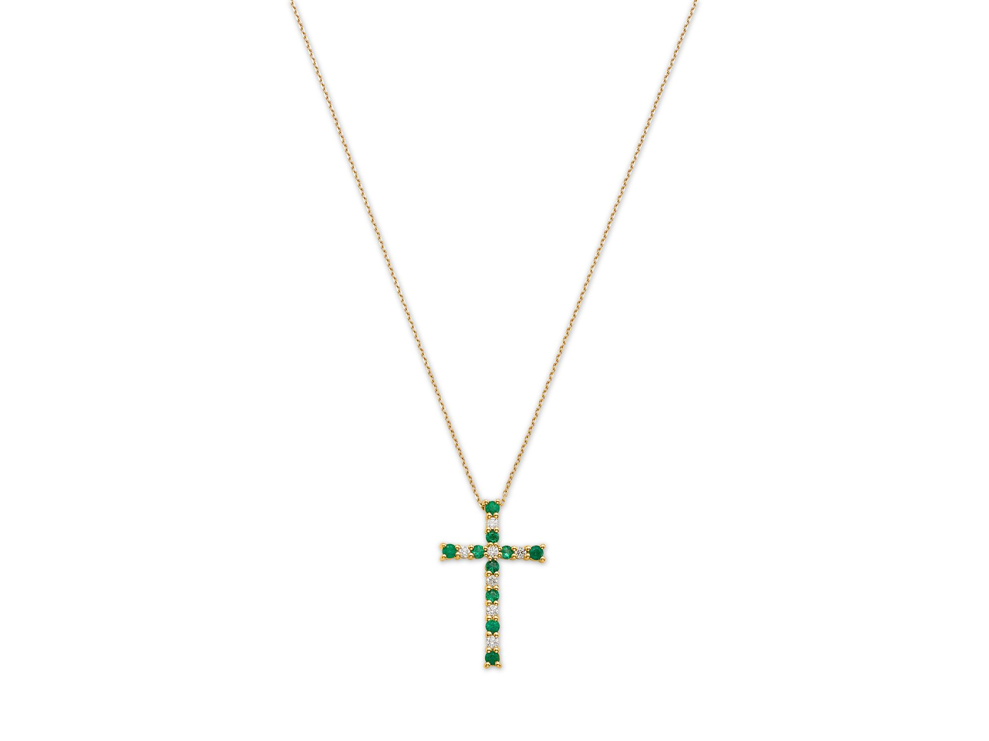 Emerald & Diamond Cross Pendant Necklace in 14K Yellow Gold, 16-18" — Image 3