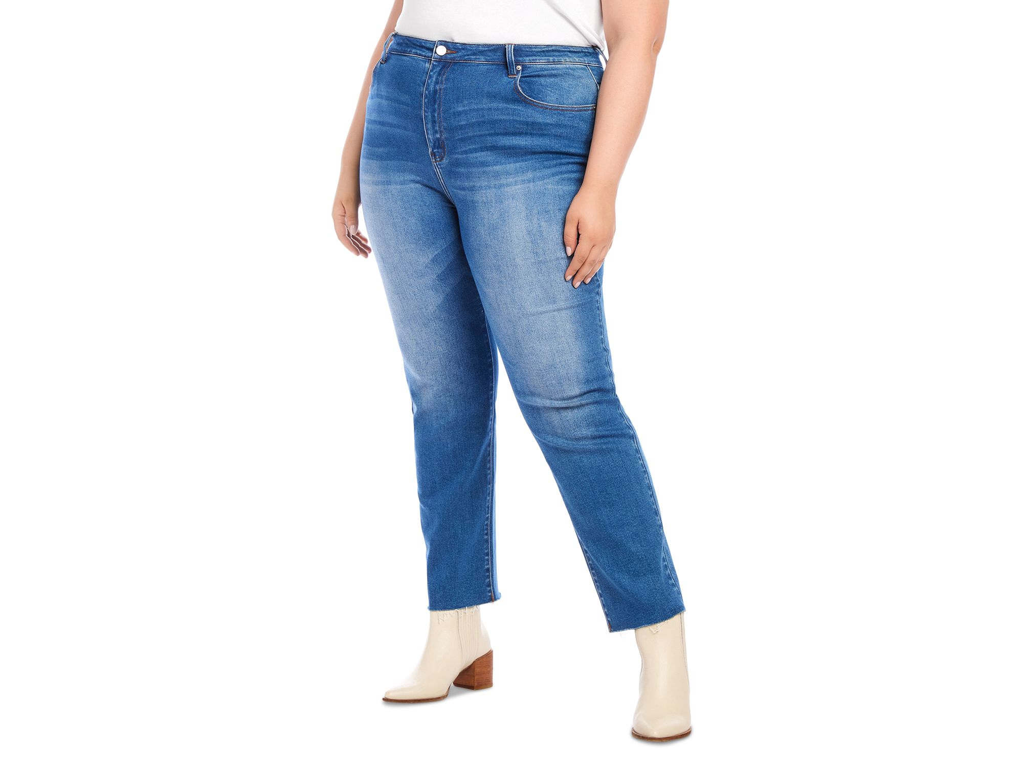 Plus Size High Rise Raw Hem Straight Jeans in Denim — Image 4