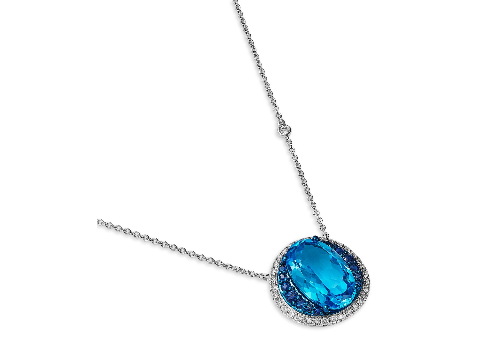 Swiss Blue Topaz, Blue Sapphire & Diamond Halo Pendant Necklace in 14K White Gold, 18" — Image 3