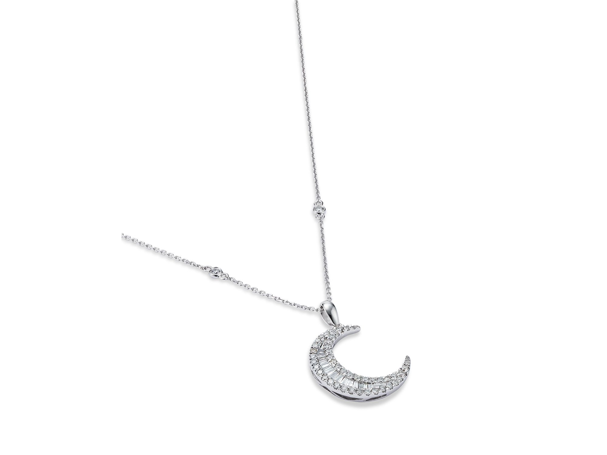 Diamond Baguette & Round Crescent Pendant Necklace in 14K White Gold, 0.62 tcw — Image 3
