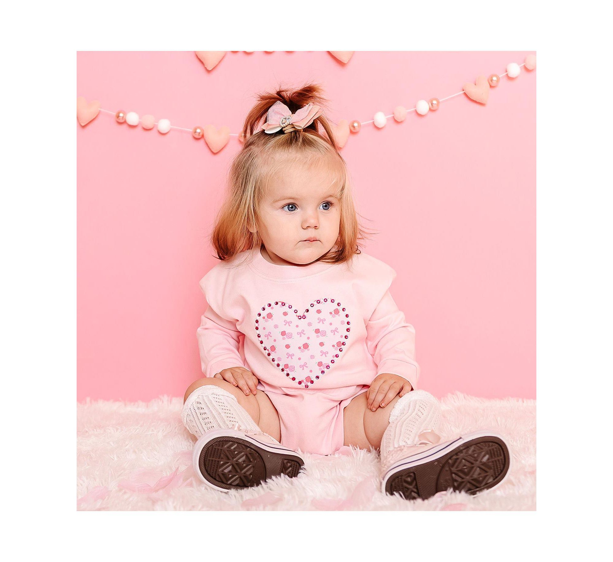 Girls' Dainty Rose Faux Pearl Heart Patch Long Sleeve Romper - Baby — Image 3