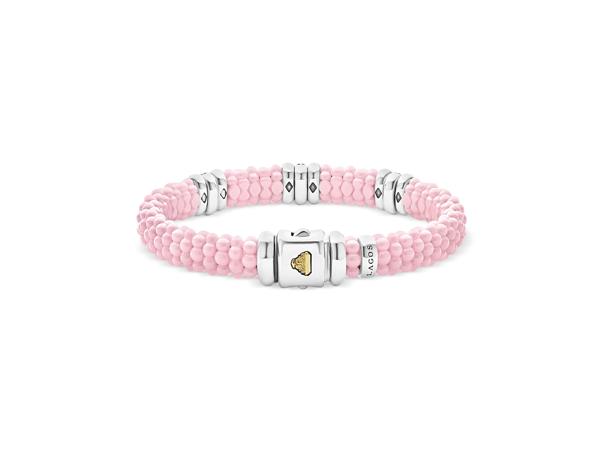 Sterling Silver Pink Caviar Diamond Station Ceramic Bead Bracelet — Image 5