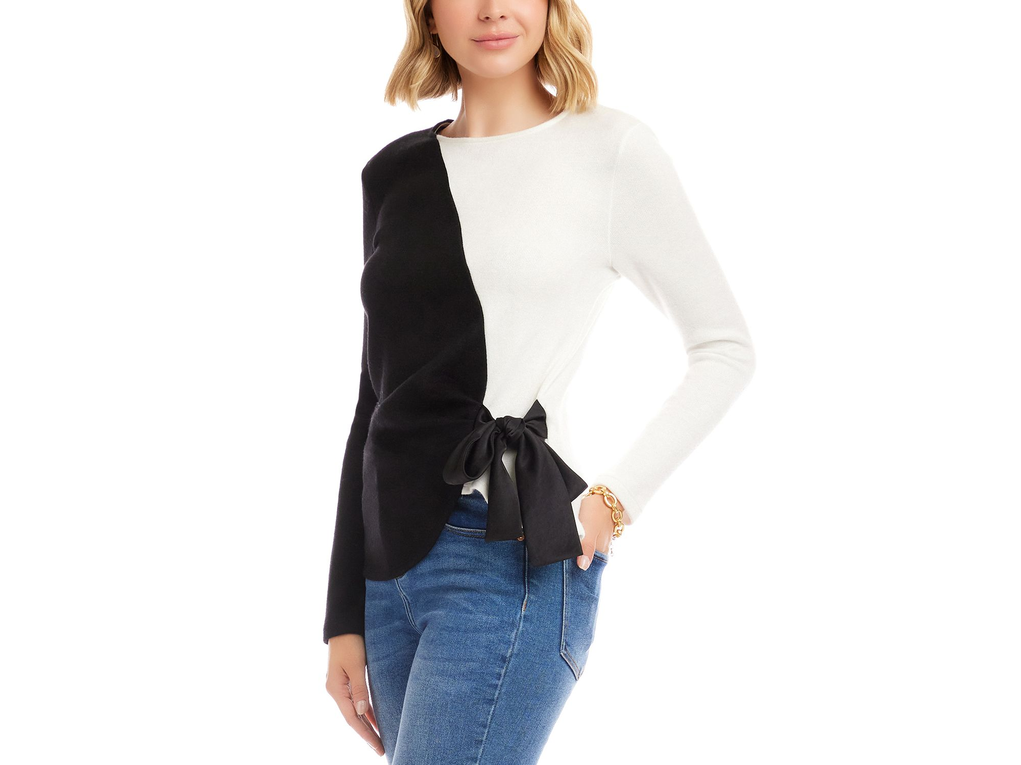 Long Sleeve Colorblock Satin Bow Top — Image 3