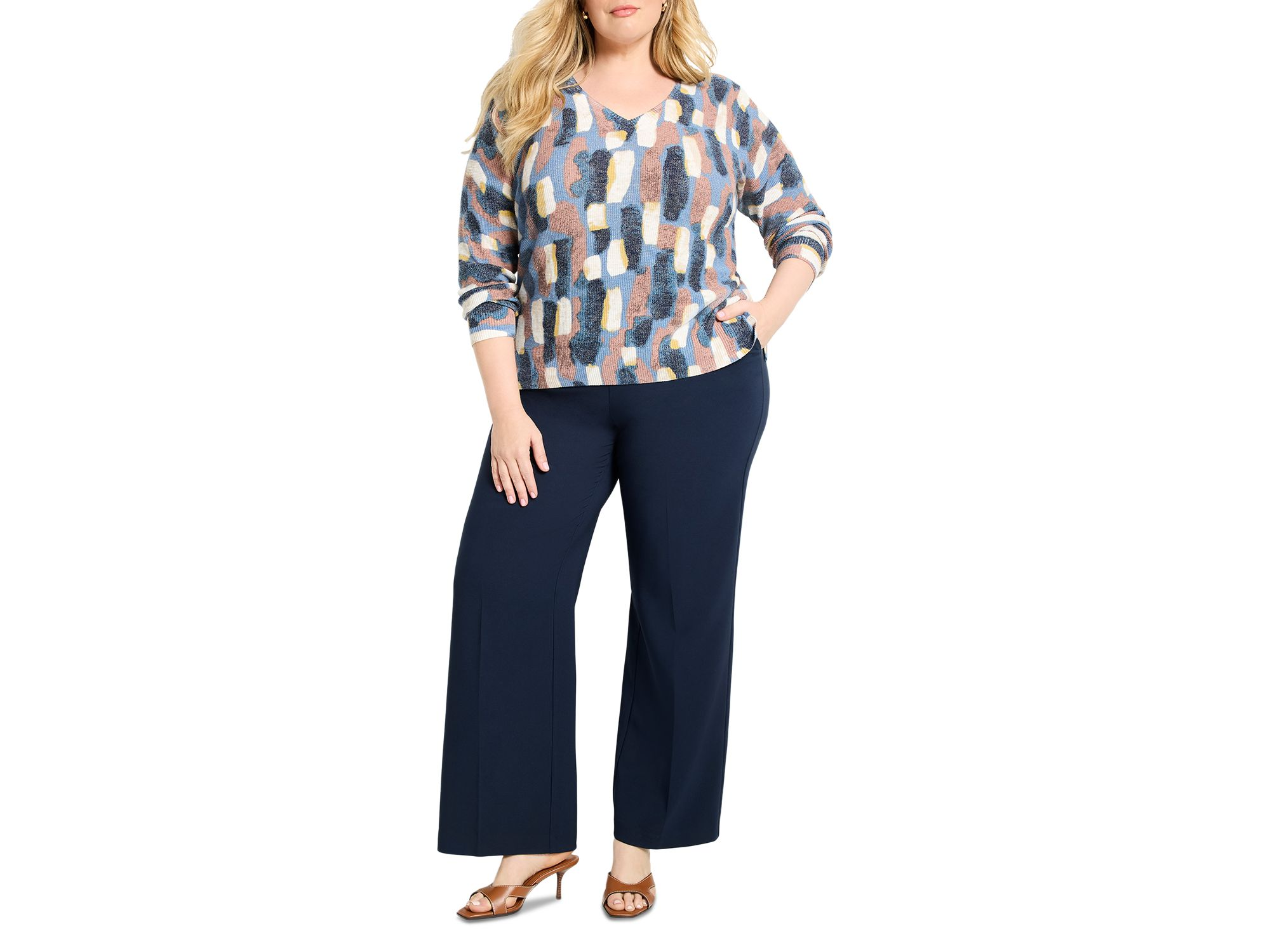 Brushstrokes Waffle V Neck Sweater — Image 4