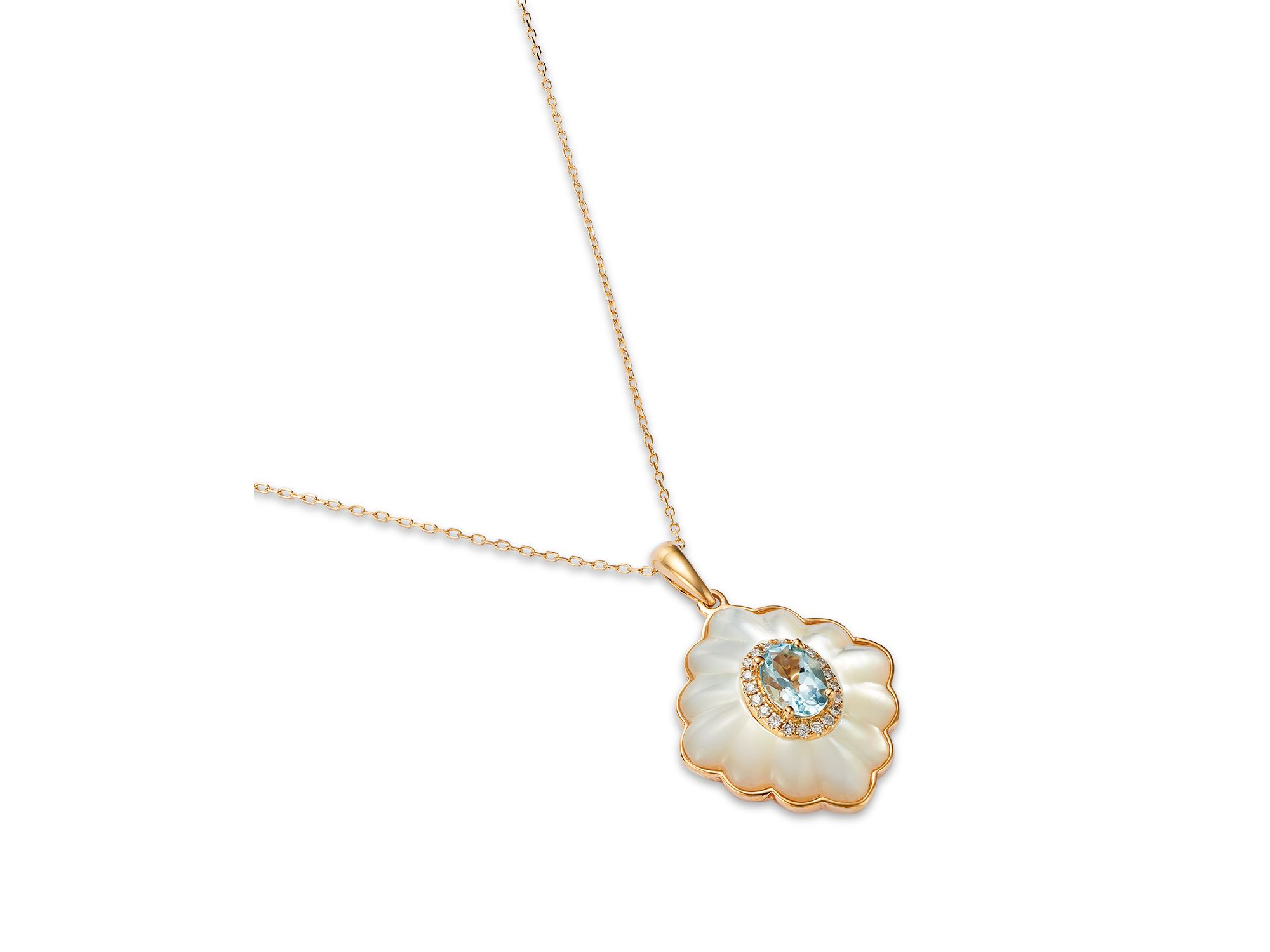 Aquamarine, Mother of Pearl & Diamond Pendant Necklace in 14K Yellow Gold — Image 3