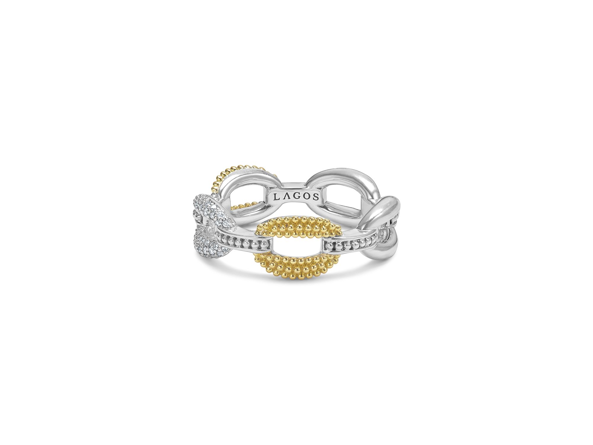 18K Yellow Gold & Sterling Silver Caviar Lux Small Diamond Oval Link Eternity Band Ring — Image 3
