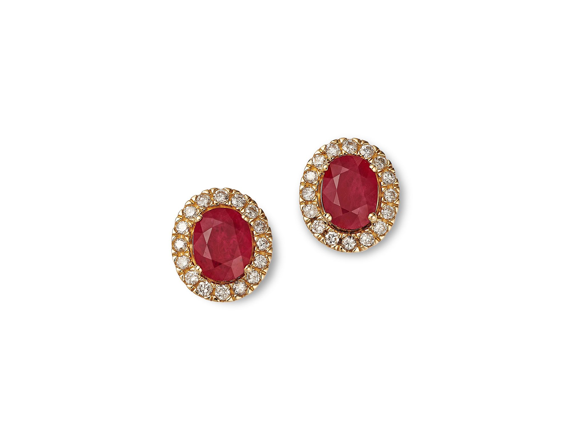 Ruby & Diamond Oval Halo Stud Earrings in 14K Yellow Gold — Image 3