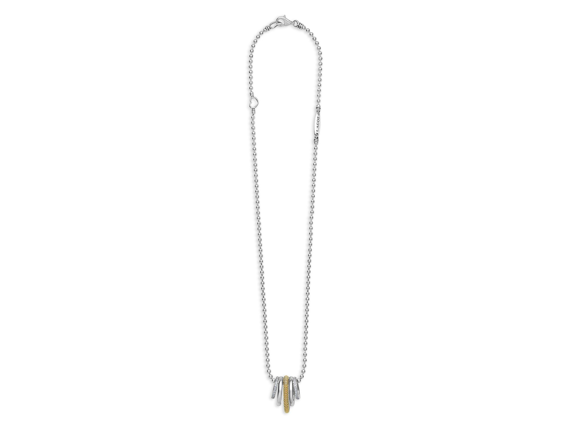 Two Tone Caviar Lux Five Ring Pendant Necklace with Diamonds, 16-18" — Image 4