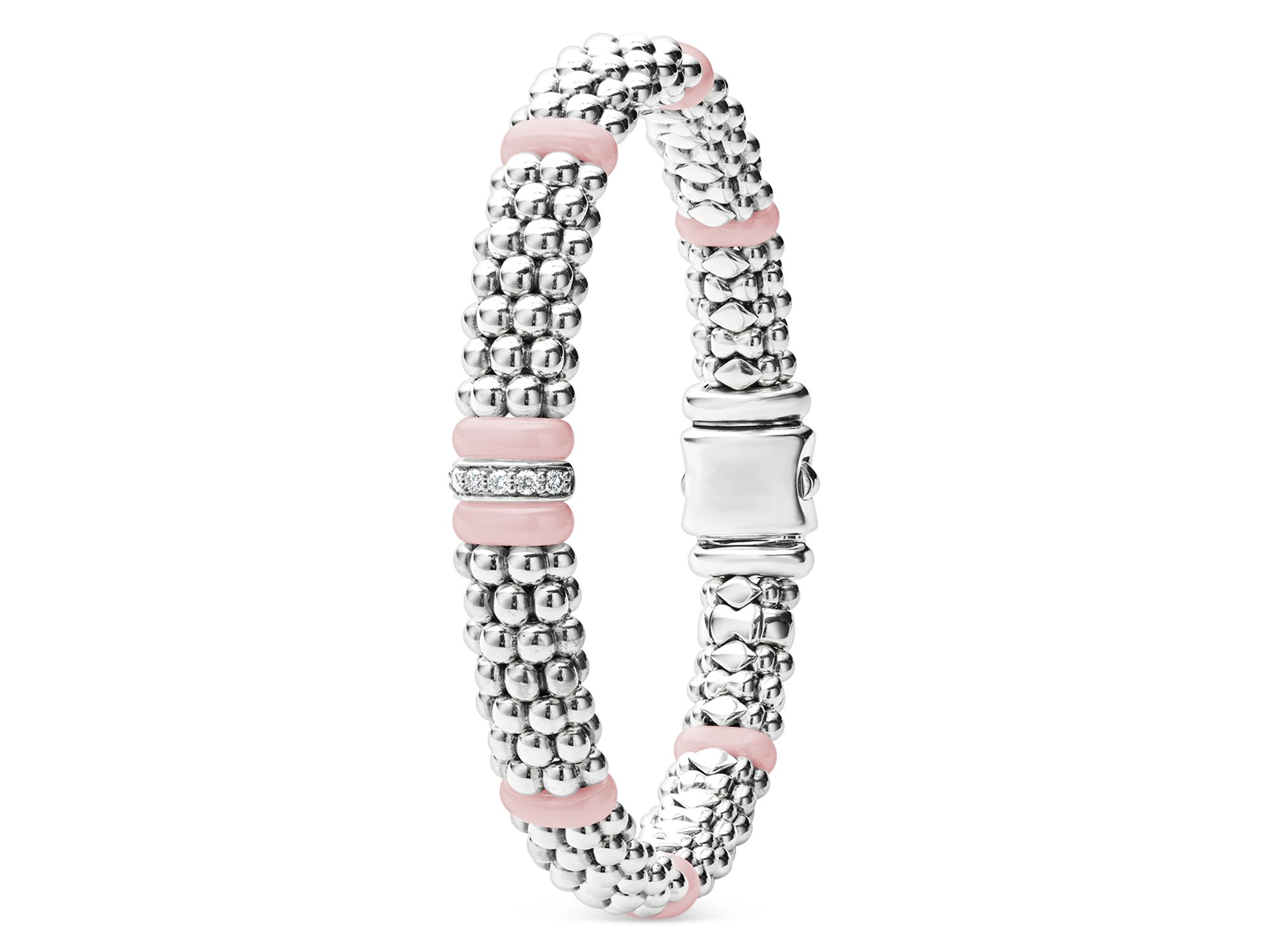Sterling Silver Pink Caviar Diamond & Pink Ceramic Bead Link Bracelet — Image 3