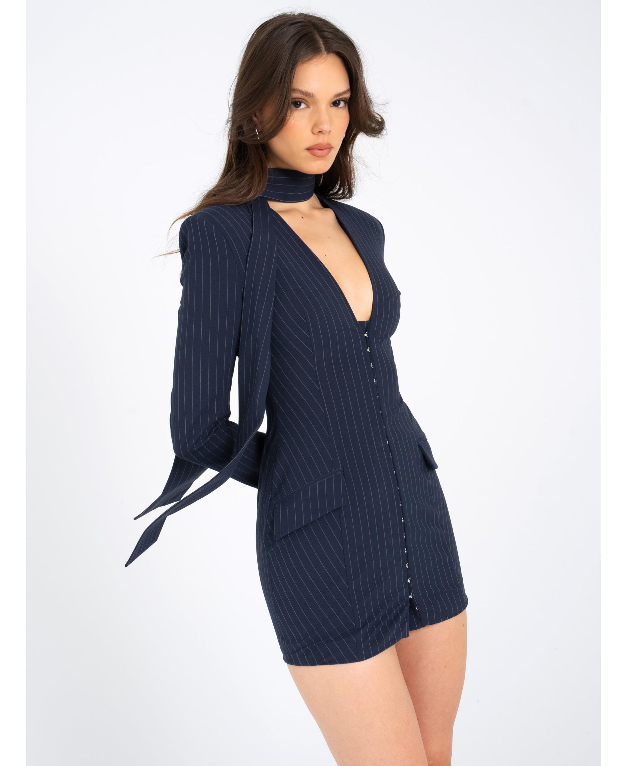 Tahlia Deep V Pinstripes Scarf Collar Blazer Dress — Image 5