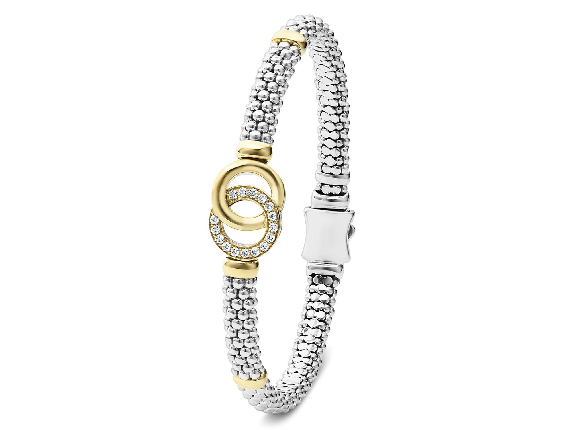 18K Yellow Gold & Sterling Silver Caviar Diamond Interlocking Link Bracelet — Image 5