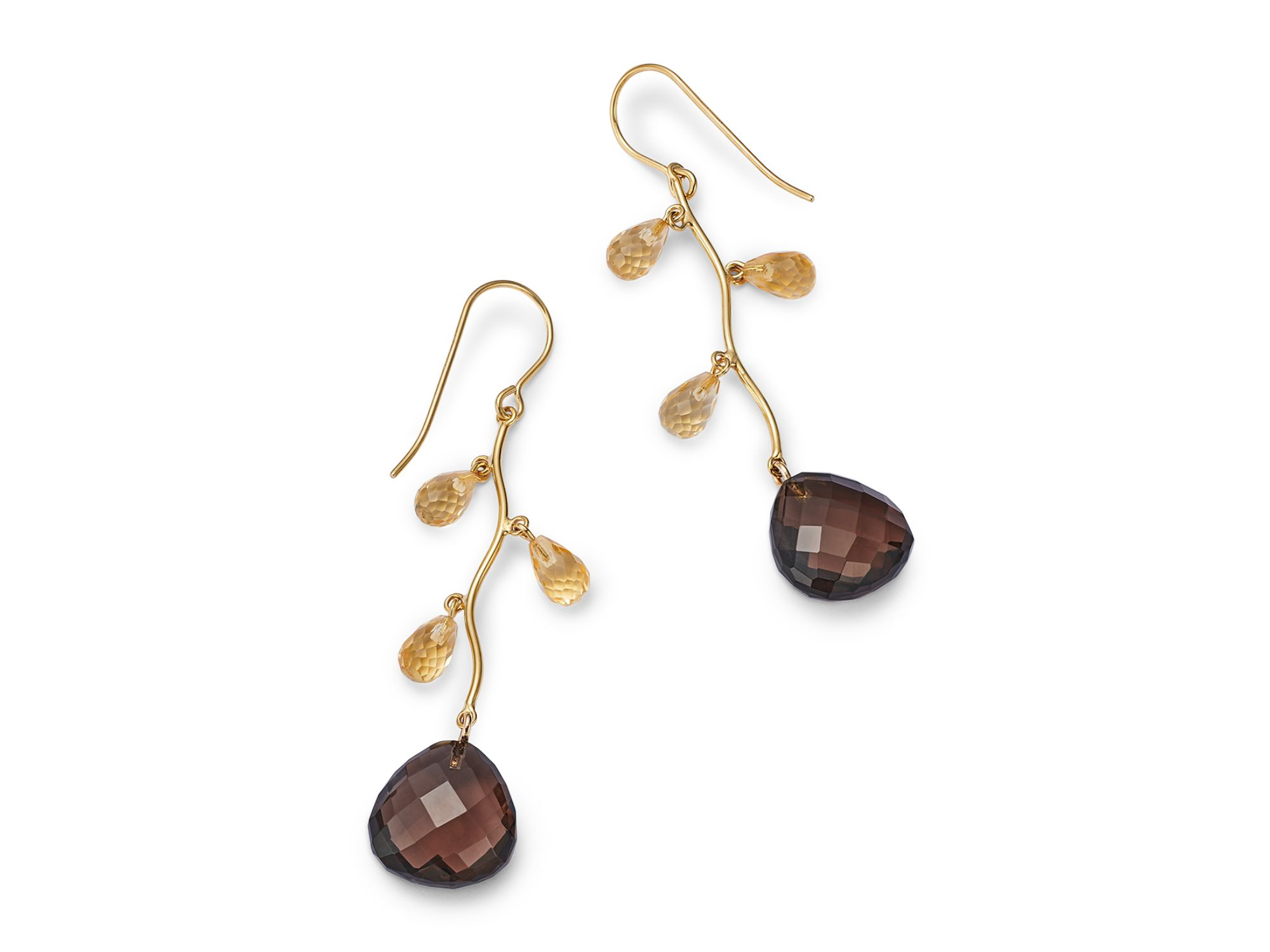 Citrine & Smokey Quartz  Vine Drop Earrings in 14K Yellow Gold — Image 3