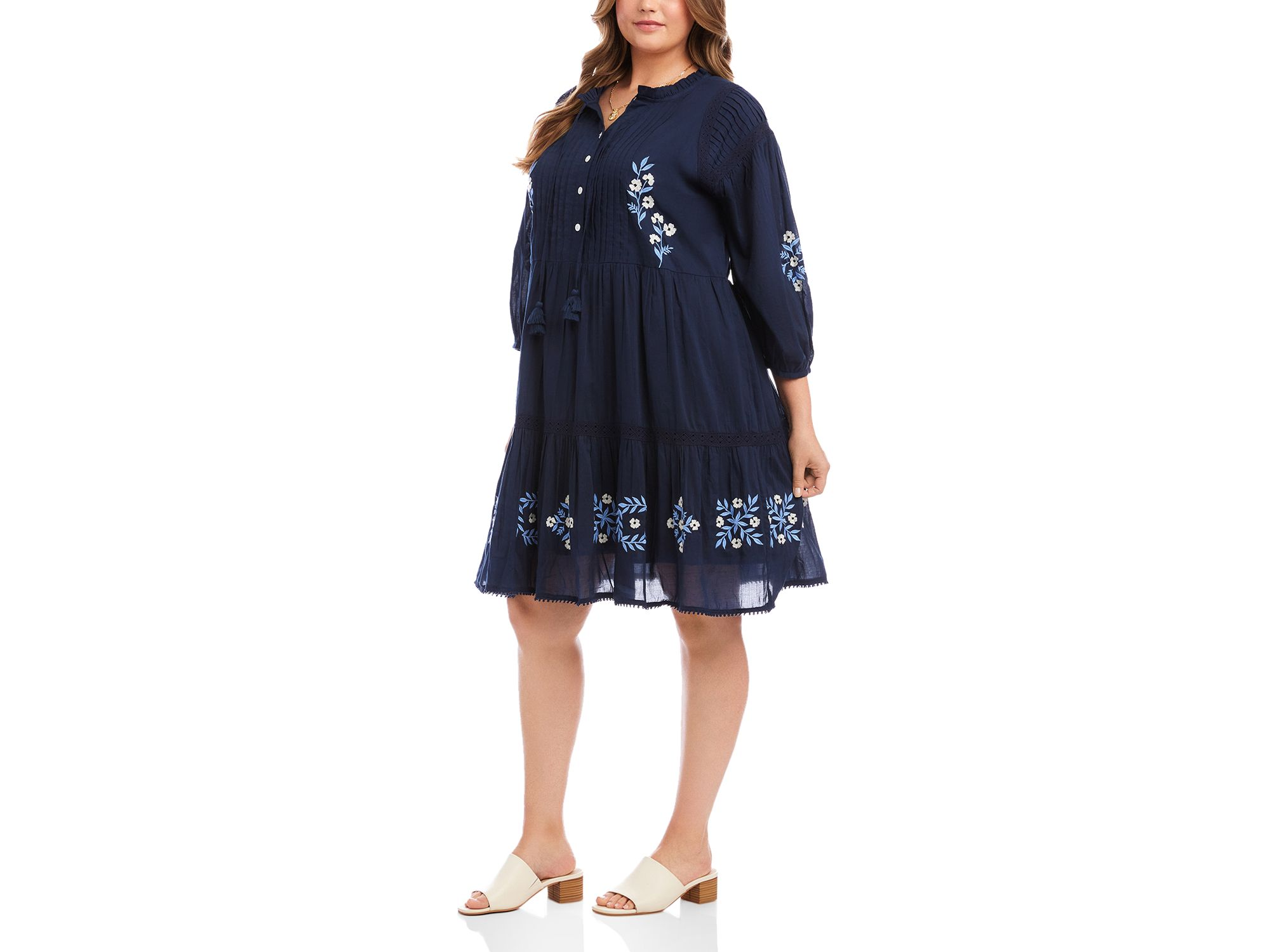 Plus Size Blouson Sleeve Embroidered Lace Trim Tiered Dress — Image 3