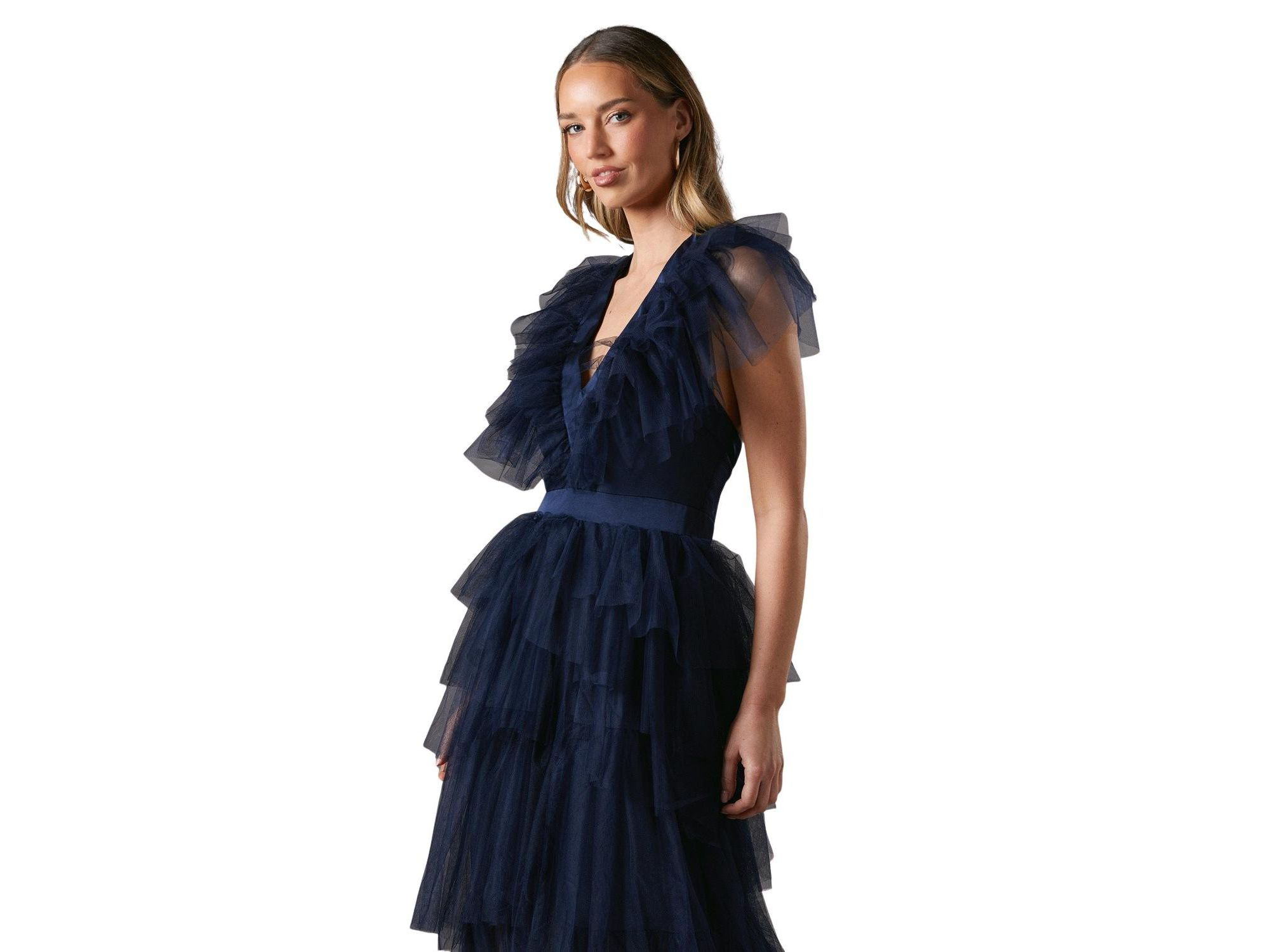 Mesh V-Neck Halter Tiered Maxi Dress — Image 3