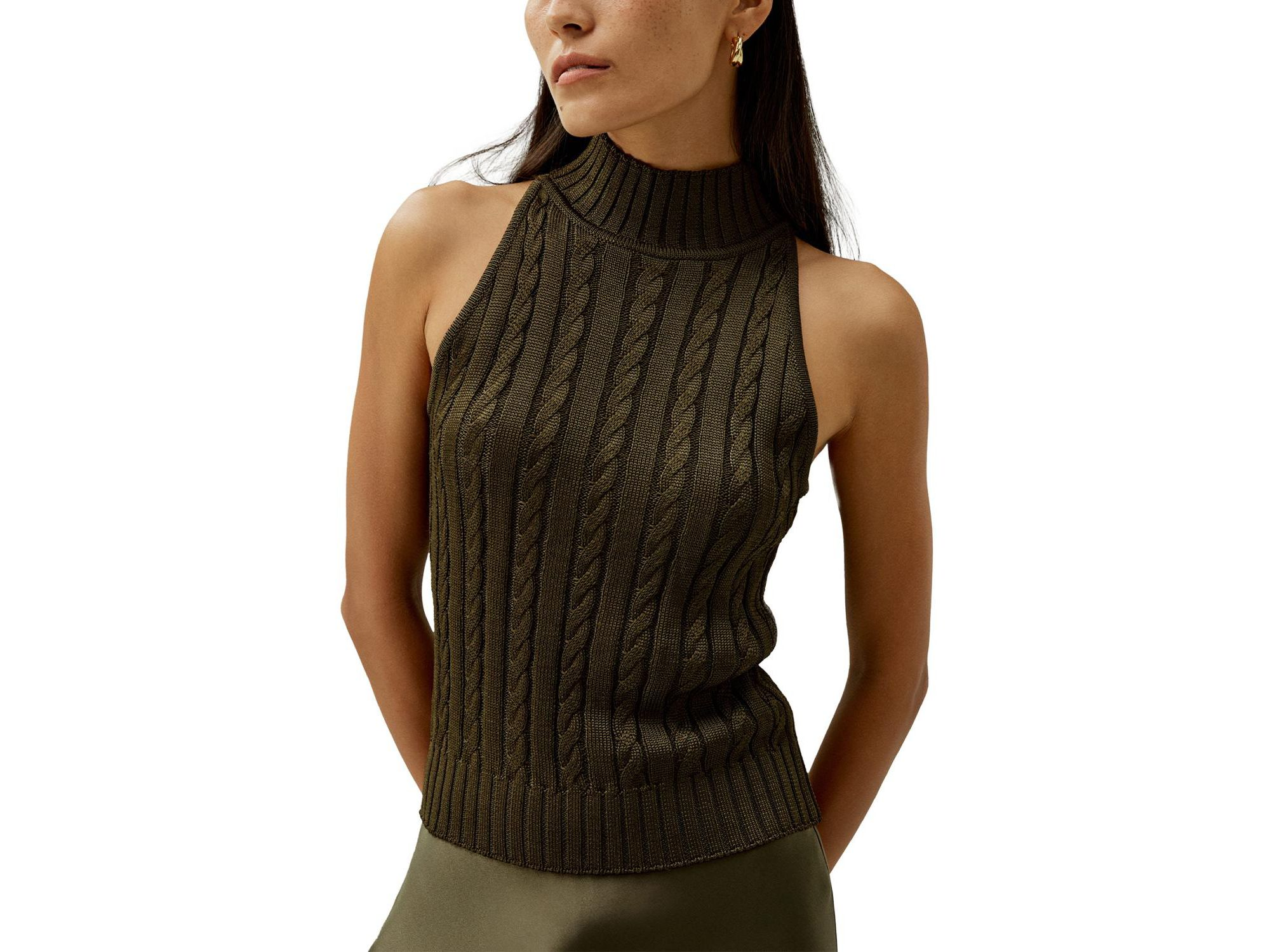 Classic High-Neck Cable-Knit Sleeveless Top - Image 1