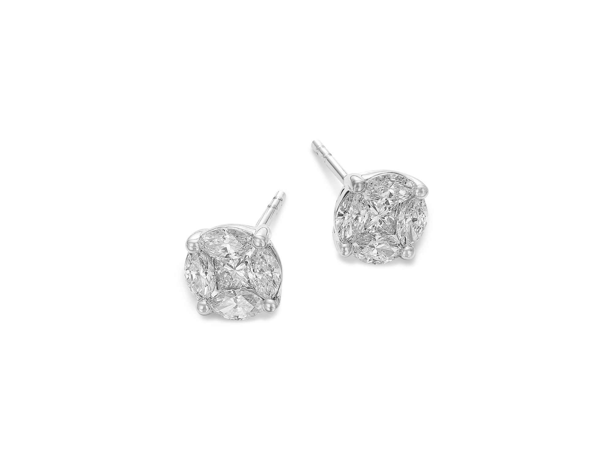 Diamond Marquise & Princess Cluster Stud Earrings in 14K White Gold, 0.75 tcw — Image 3