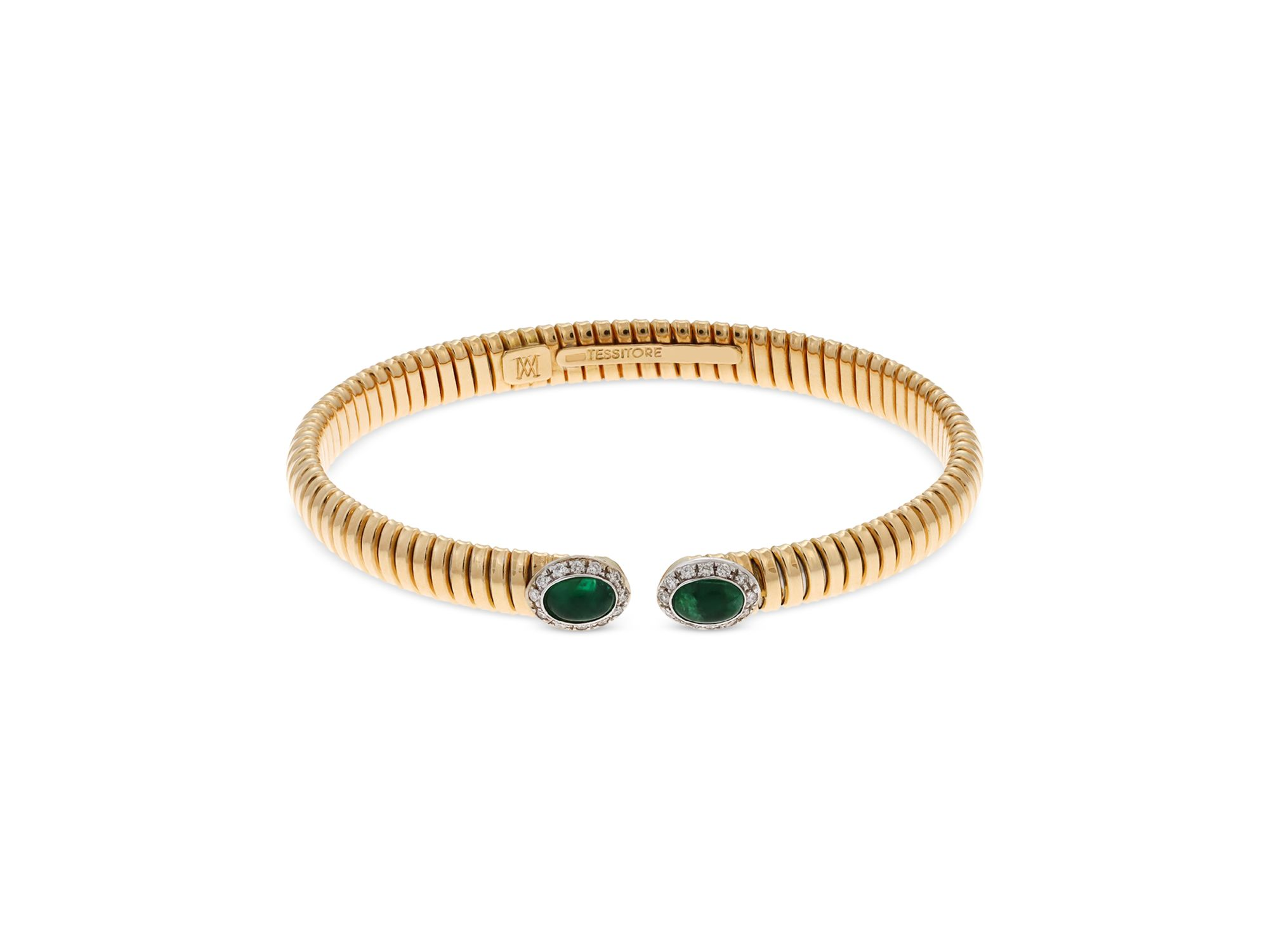 18K Yellow Gold Via Giardino Tubogas Domed Emerald Cabochon & Diamond Bracelet — Image 3