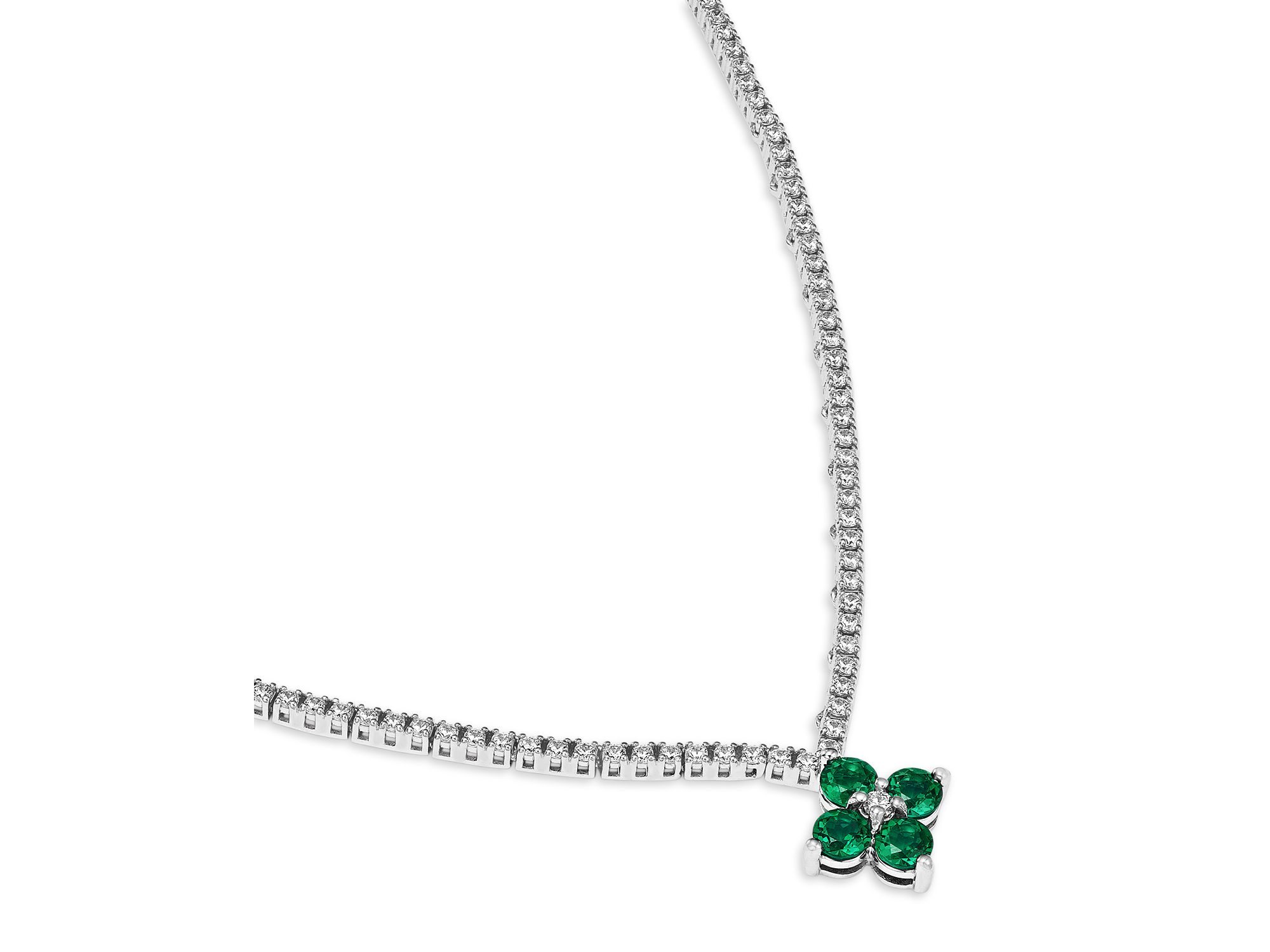 Emerald & Diamond Clover Tennis Necklace in 14K White Gold, 16" — Image 3