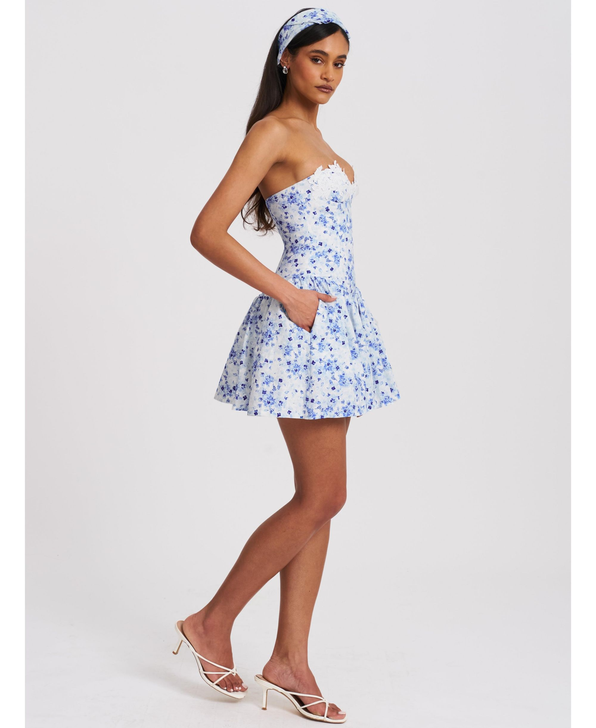 Taleah Floral Print Linen Mini Dress with Lace Trim — Image 4