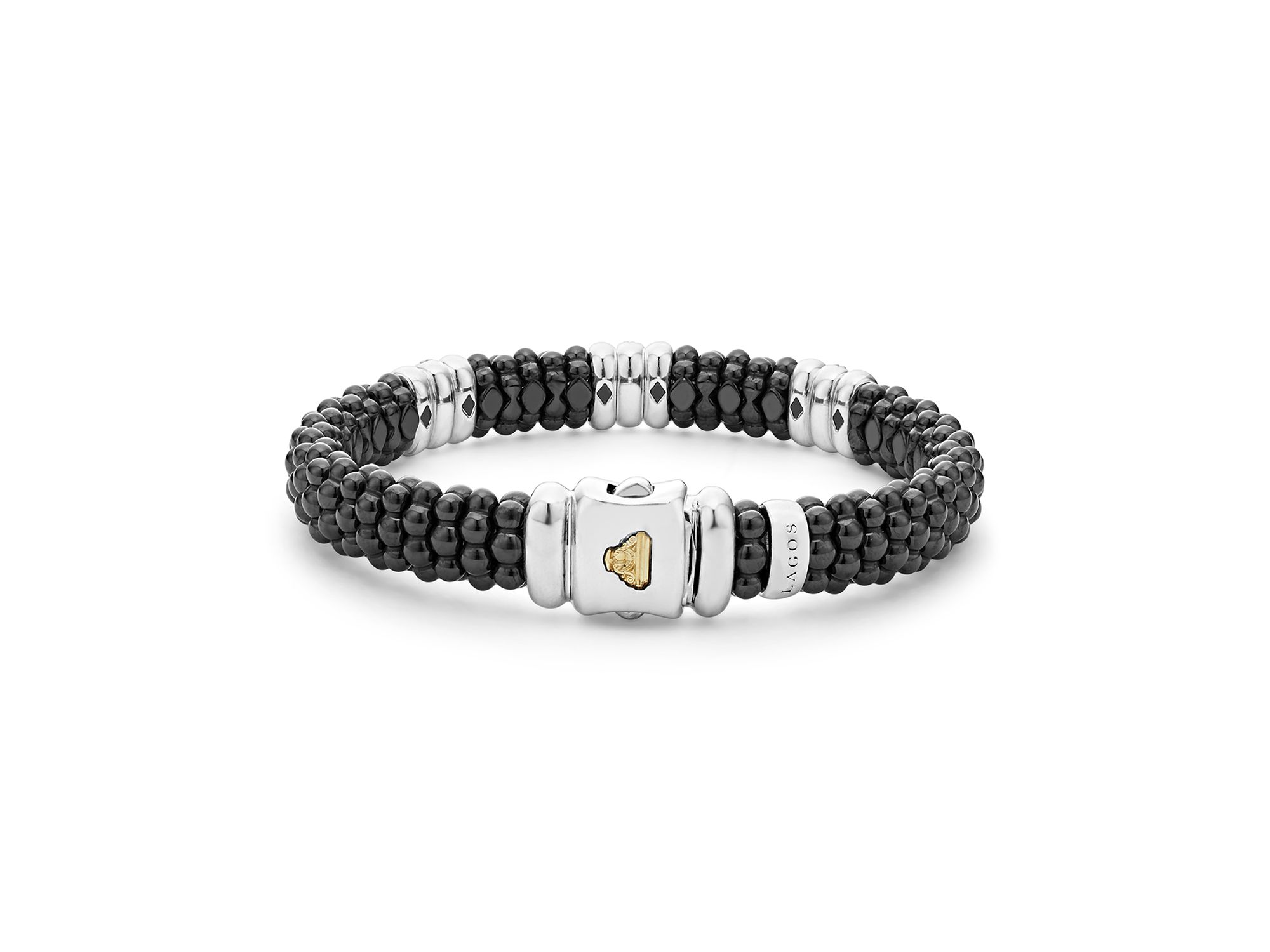 Sterling Silver Black Caviar Black Ceramic & Diamond Rondelle Beaded Bracelet — Image 5
