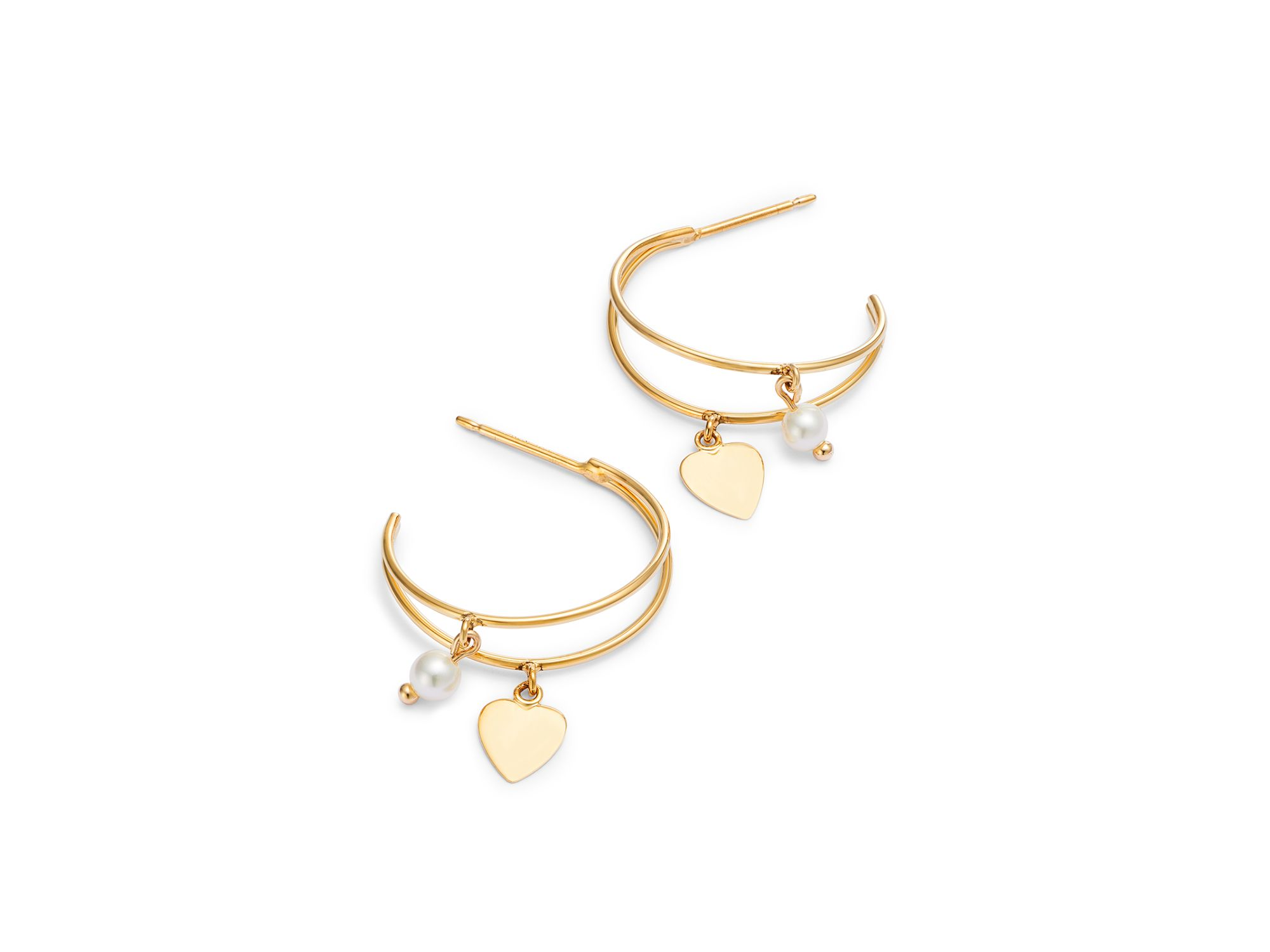 14K Yellow Gold Freshwater Pearl & Polished Heart Dangle Hoop Earrings — Image 3