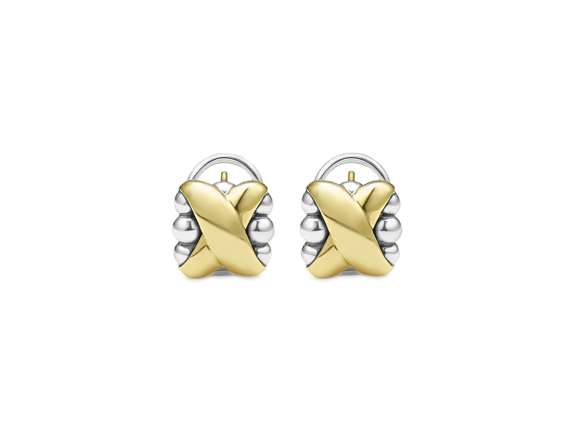 18K Yellow Gold & Sterling Silver Embrace X Dome Caviar Bead Omega Earrings — Image 3