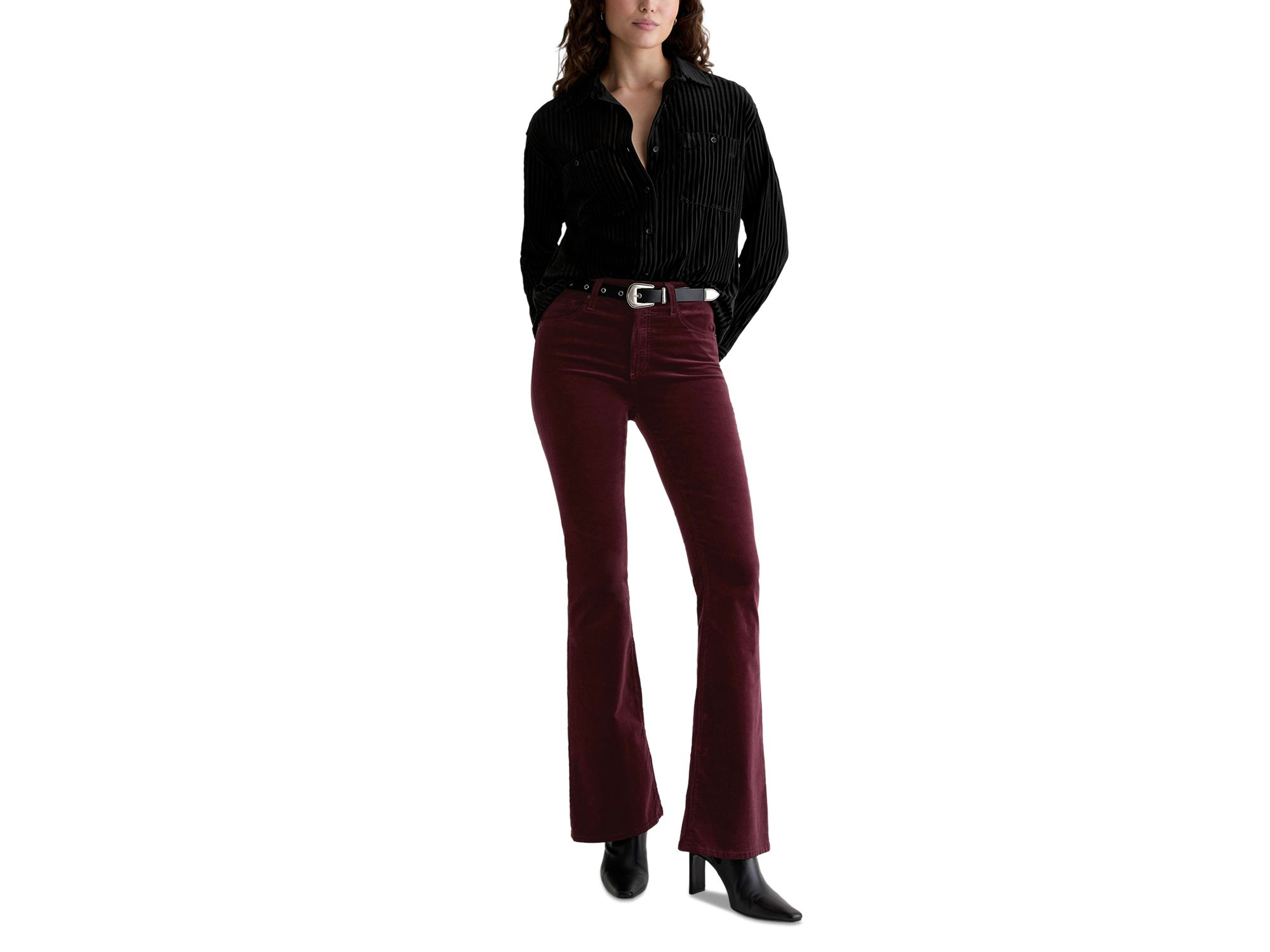 Farrah Mid Rise Velvet Bootcut Jeans in Winery — Image 8