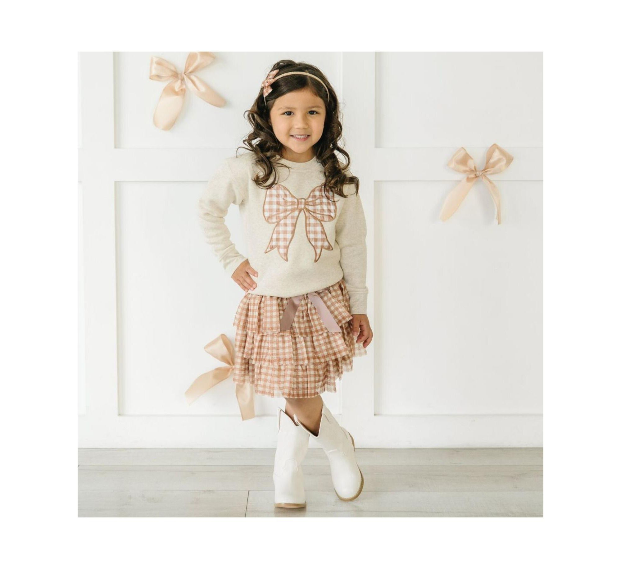 Girls' Gingham Printed Tulle Bow Headband — Image 6