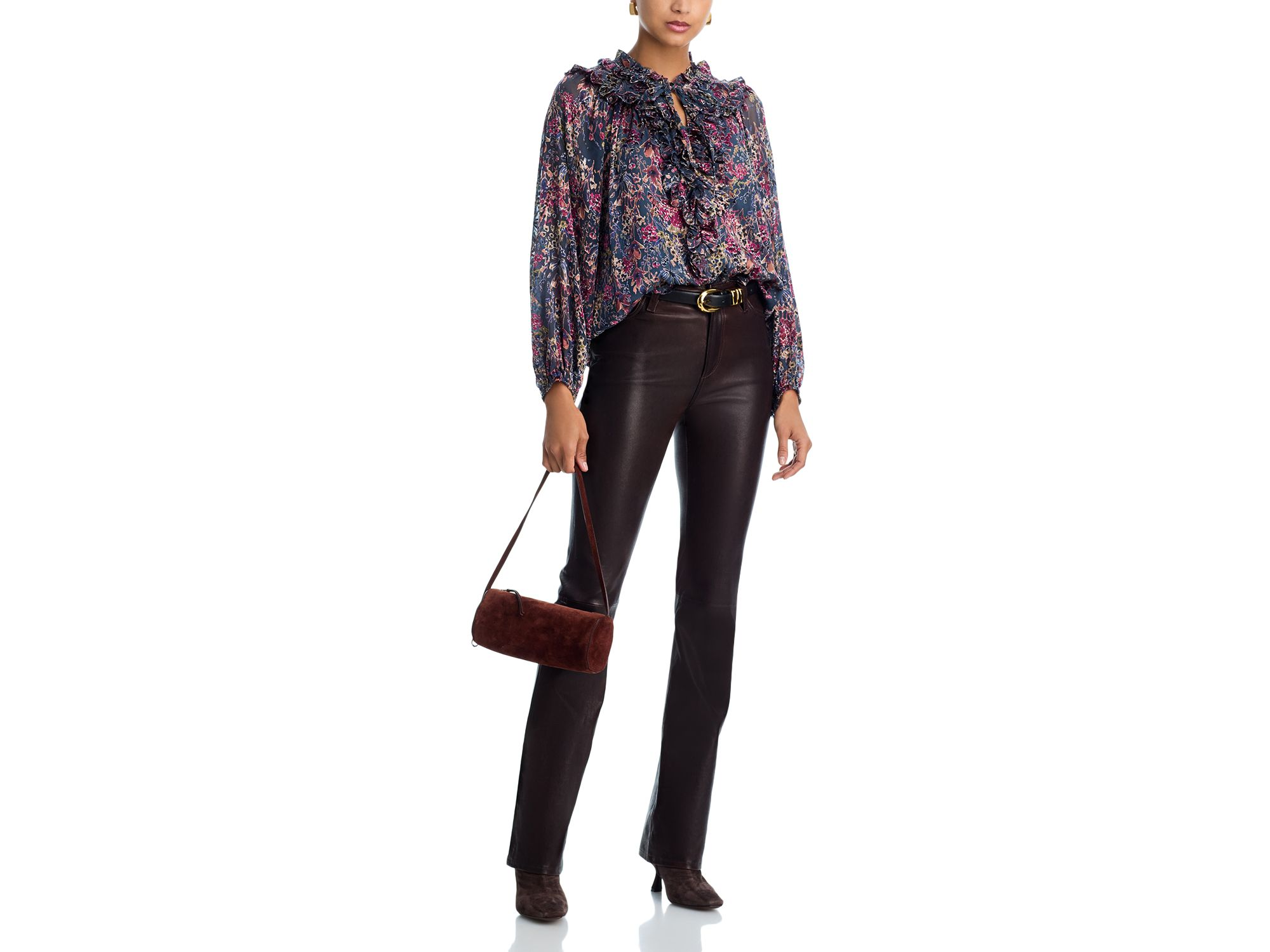 Long Sleeved Floral Satin Burnout Ruffled Blouse - Exclusive — Image 4