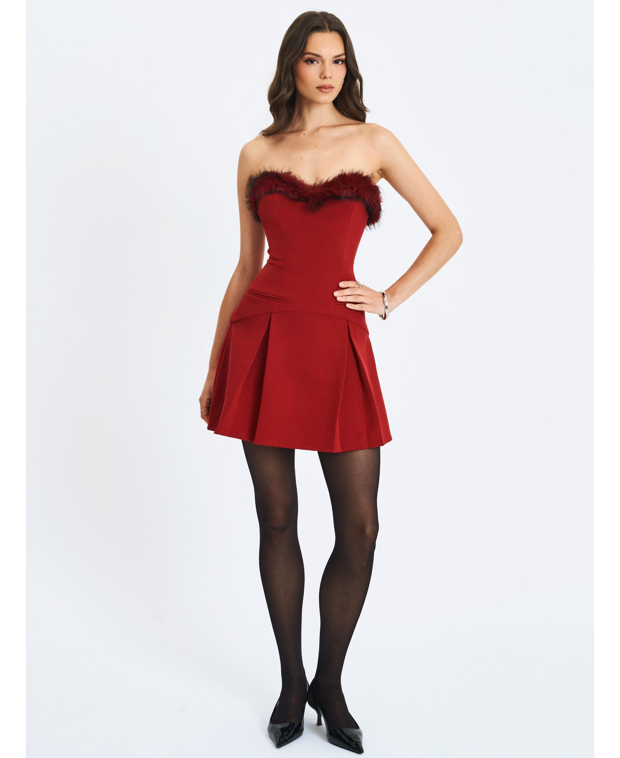 Nalia Fur Trimmed Sweetheart Mini Dress — Image 6