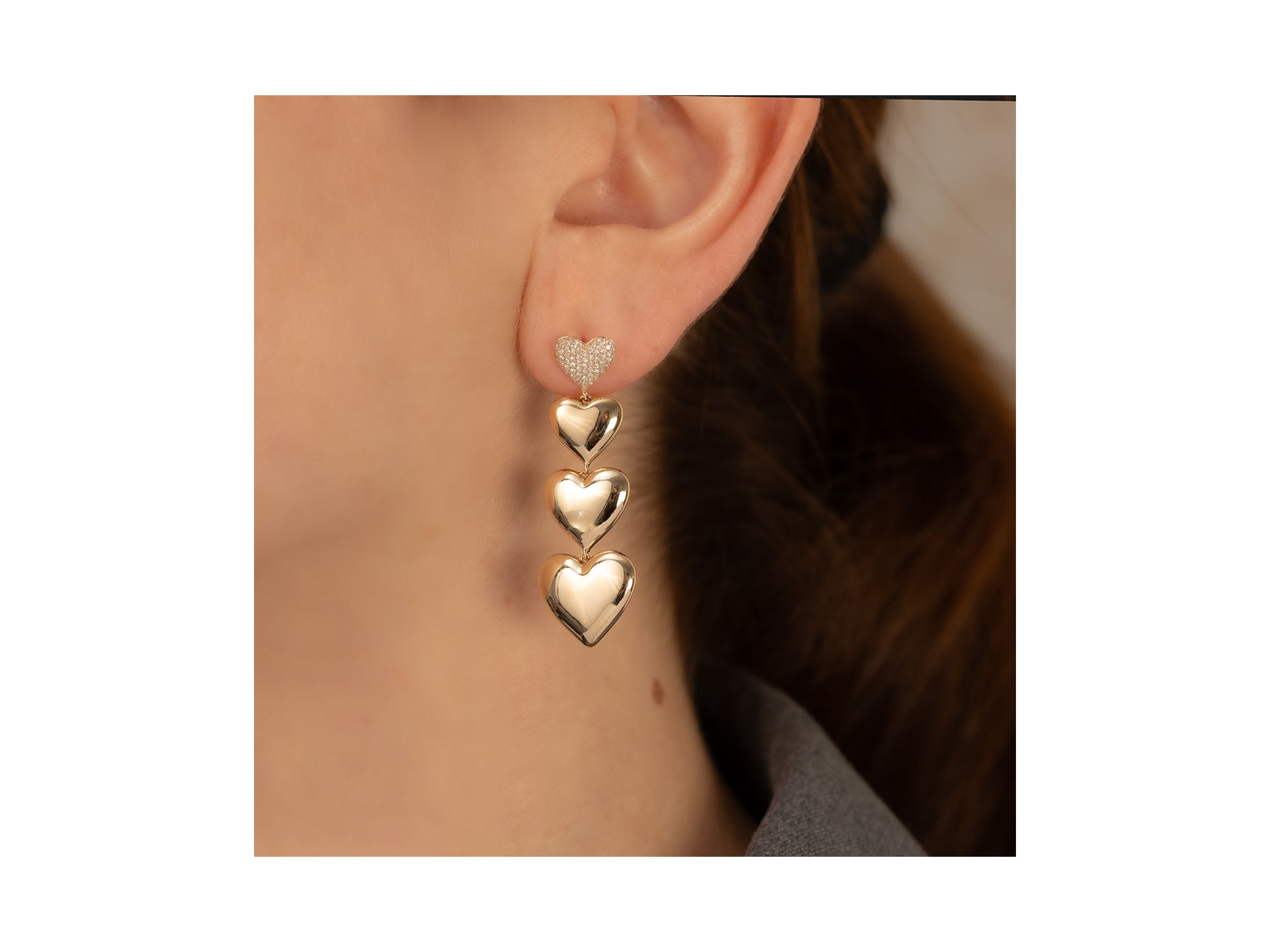 14K Yellow Gold Kate Diamond Pavé & Polished Graduated Heart Drop Earrings — Image 3