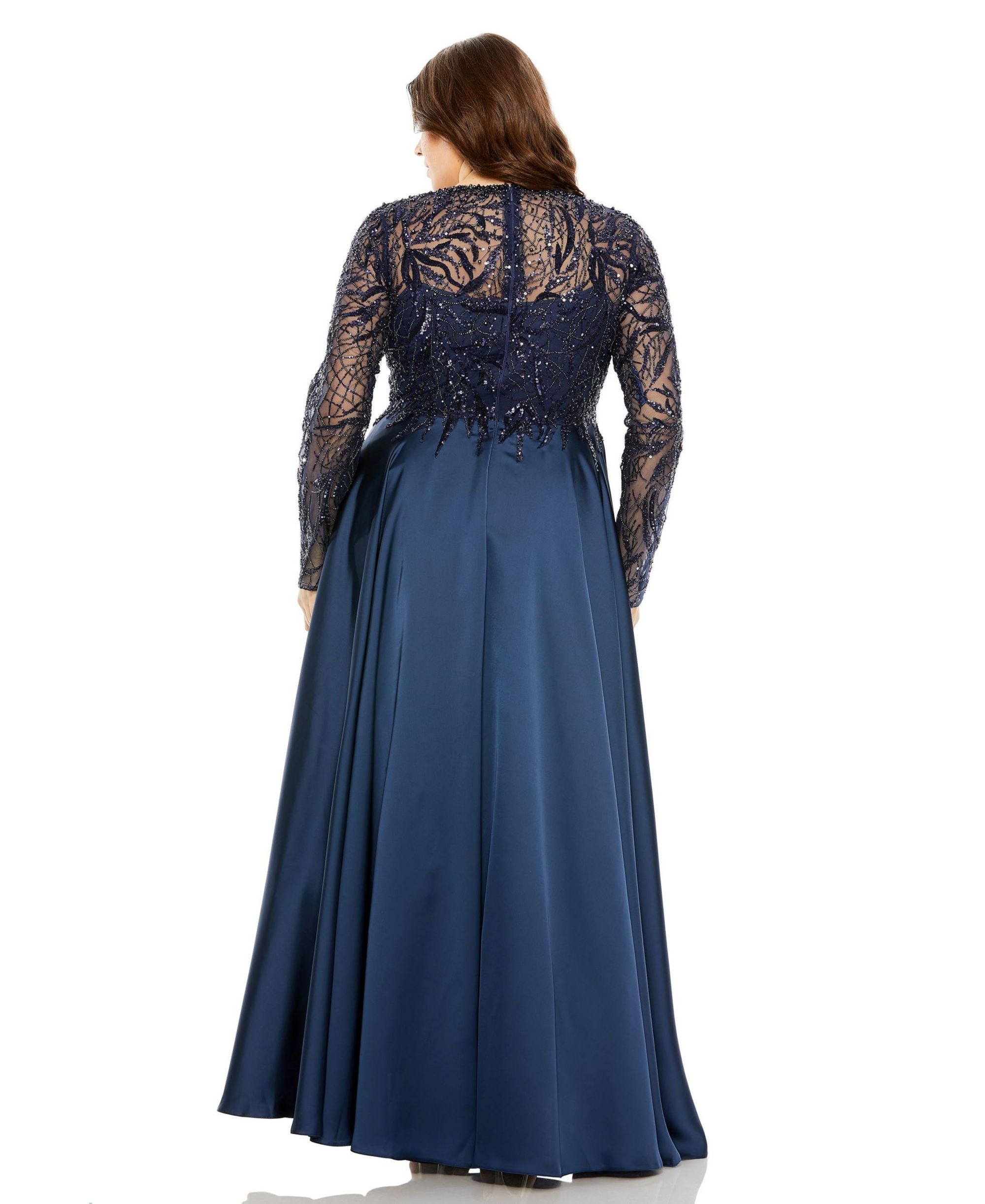 Plus Sheer Long Sleeve Beaded Top Satin Gown — Image 3