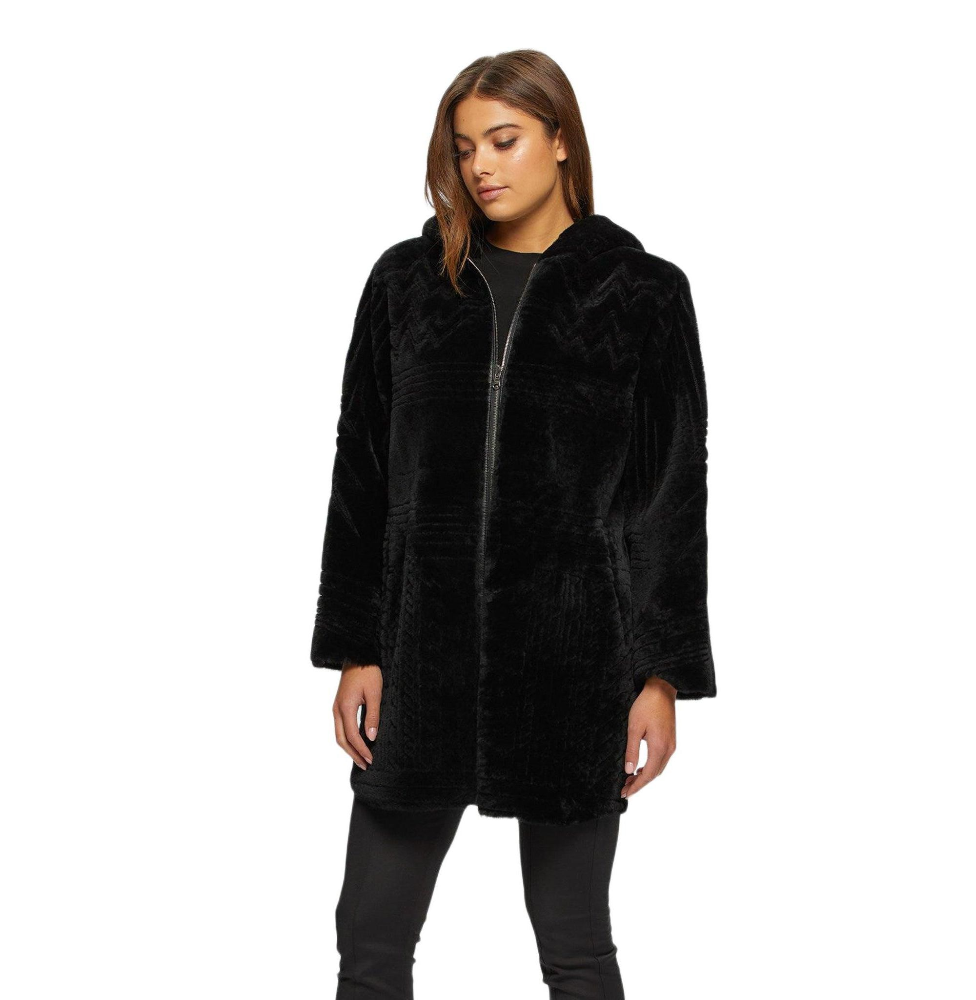 Reversible Shearling Parka Coat with Grooved Pattern — Image 4