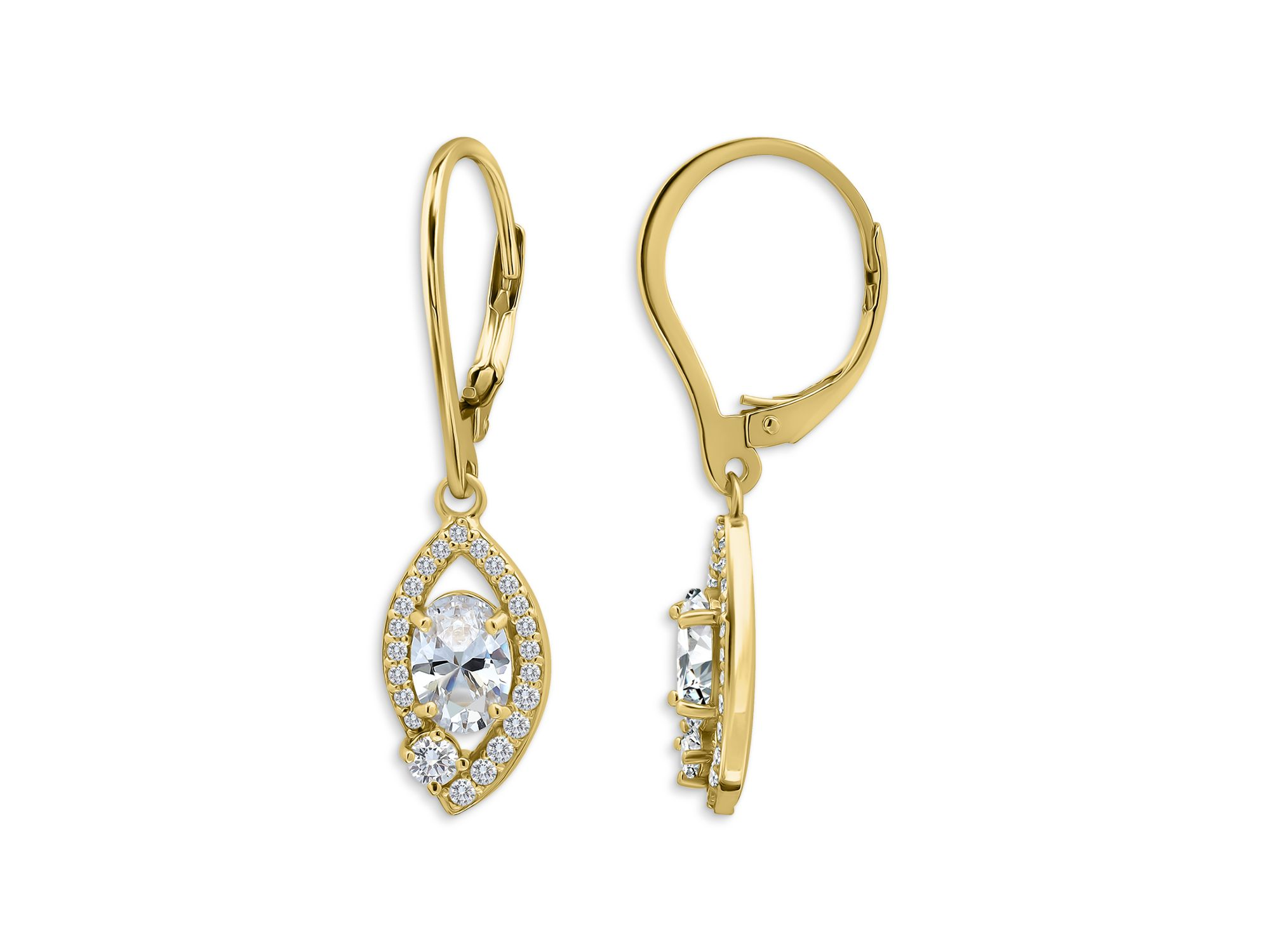 18K Gold Over Sterling Silver Oval Cubic Zirconia Pavé Halo Leverback Drop Earrings - Exclusive — Image 3