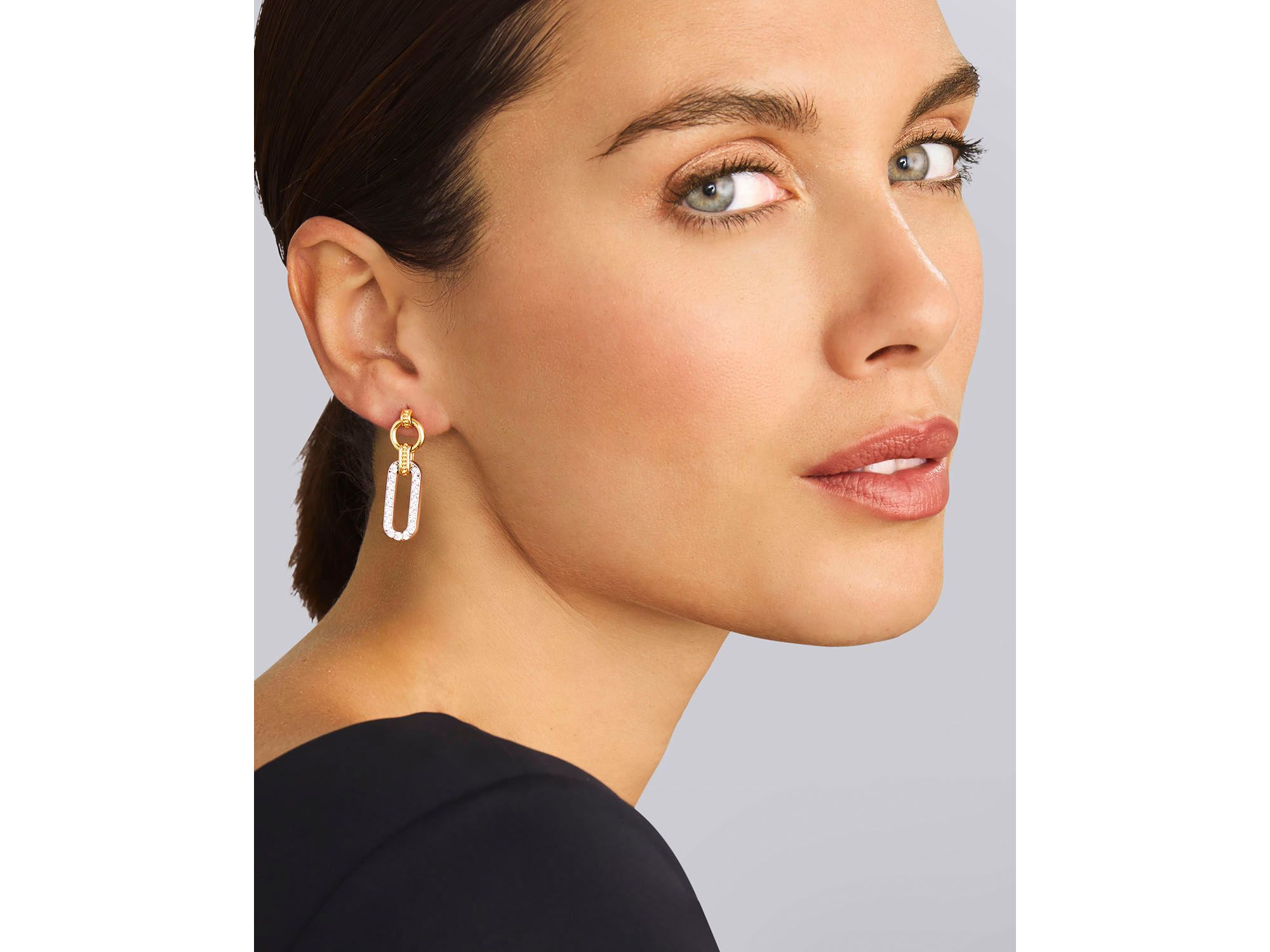18K Yellow Gold & Sterling Silver Signature Caviar Diamond Link Drop Earrings — Image 3