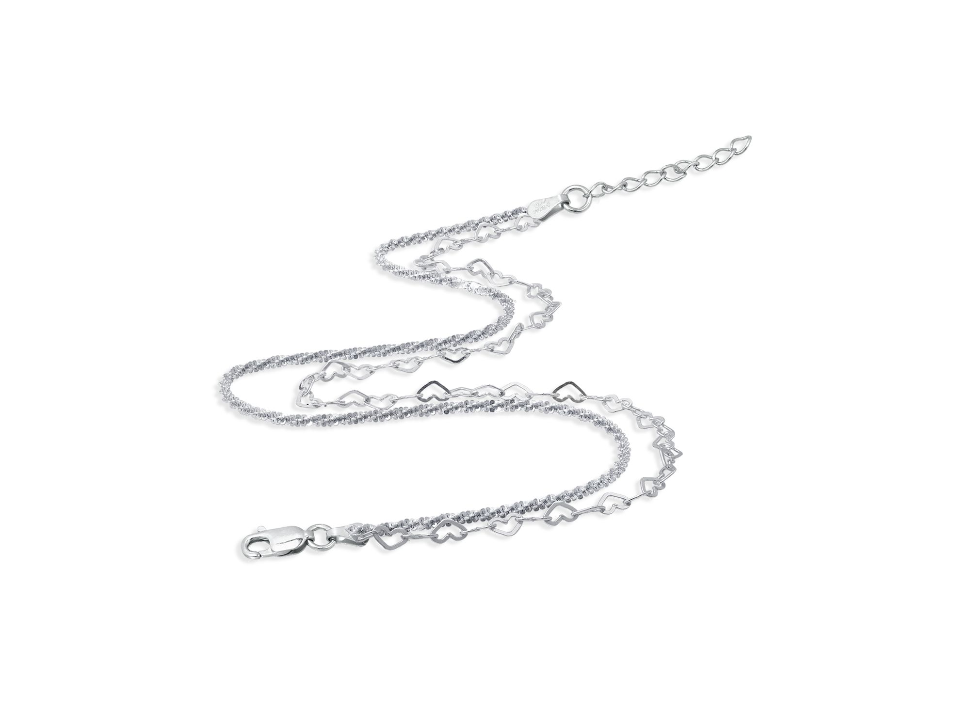 Double Row Heart Link & Diamond Cut Rope Chain Ankle Bracelet in Sterling - Exclusive — Image 3