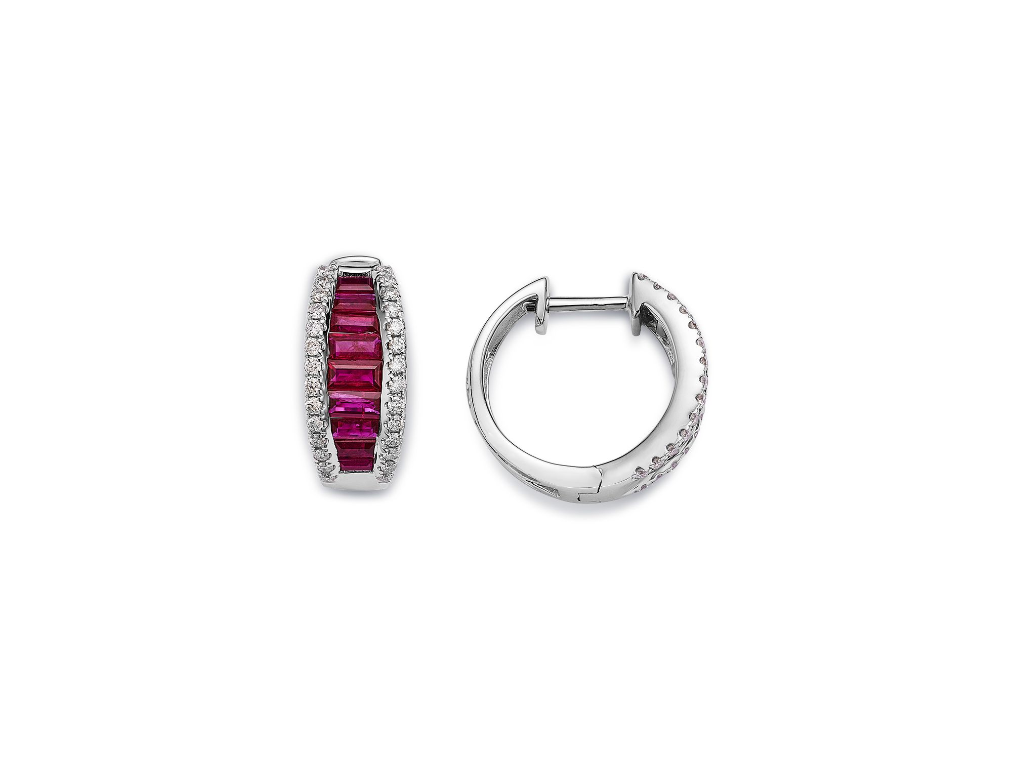 Ruby & Diamond Huggie Hoop Earrings in 14K White Gold — Image 3