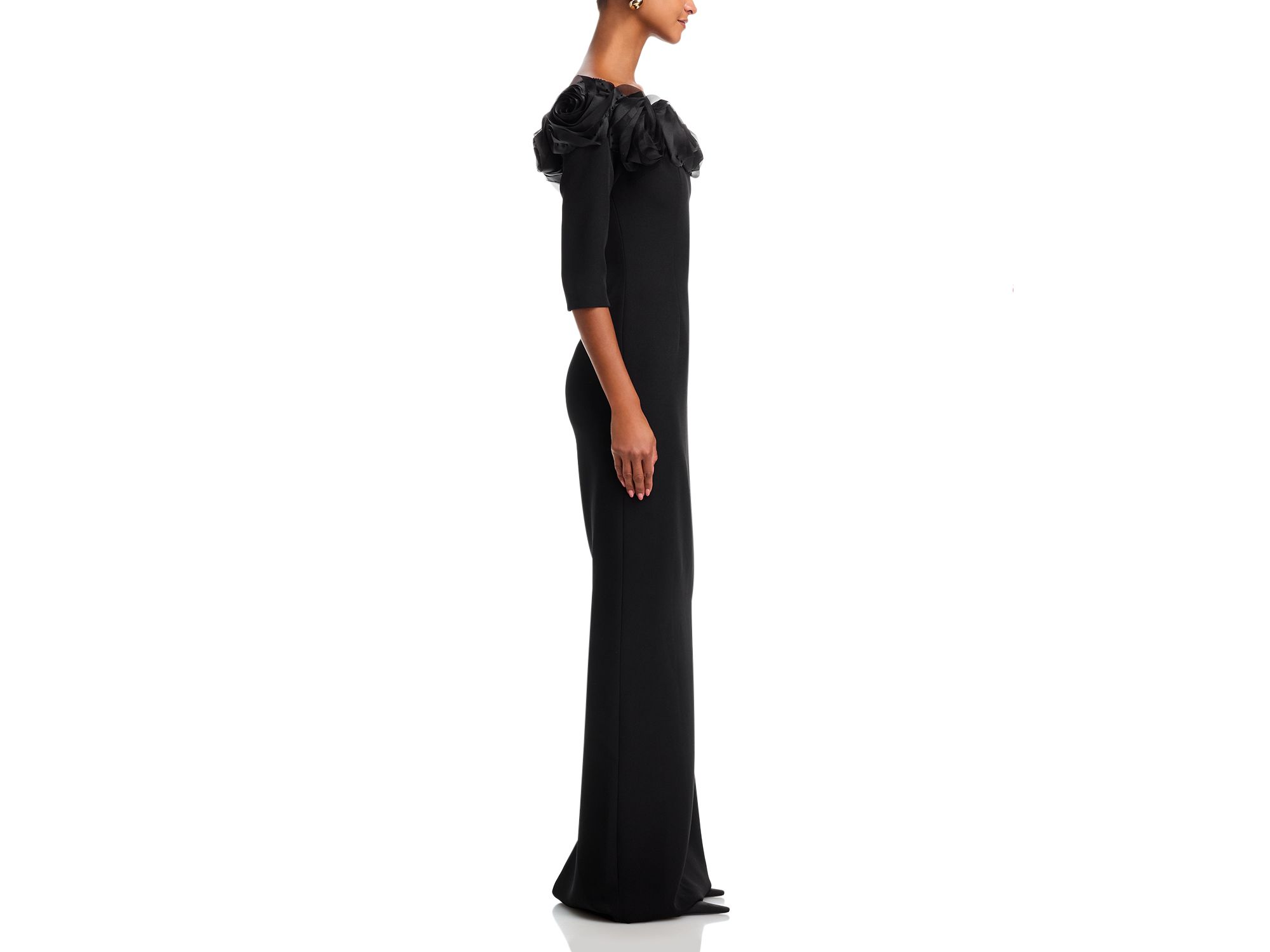 Crepe 3D Flower Off the Shoulder Three Quarter Length Sleeved Gown — Image 5