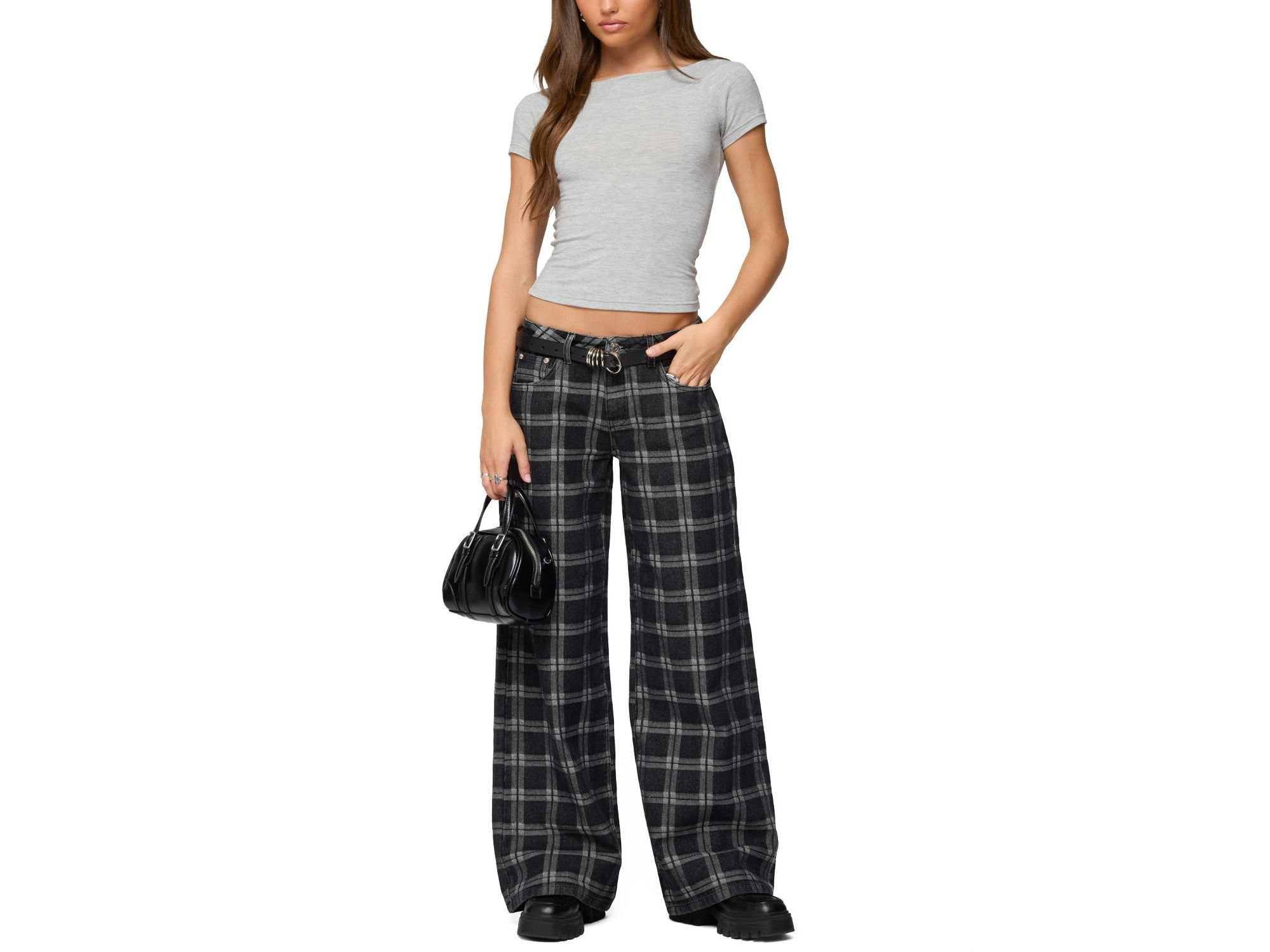 Kailani Plaid Low Rise Baggy Jeans in Black Washed — Image 4